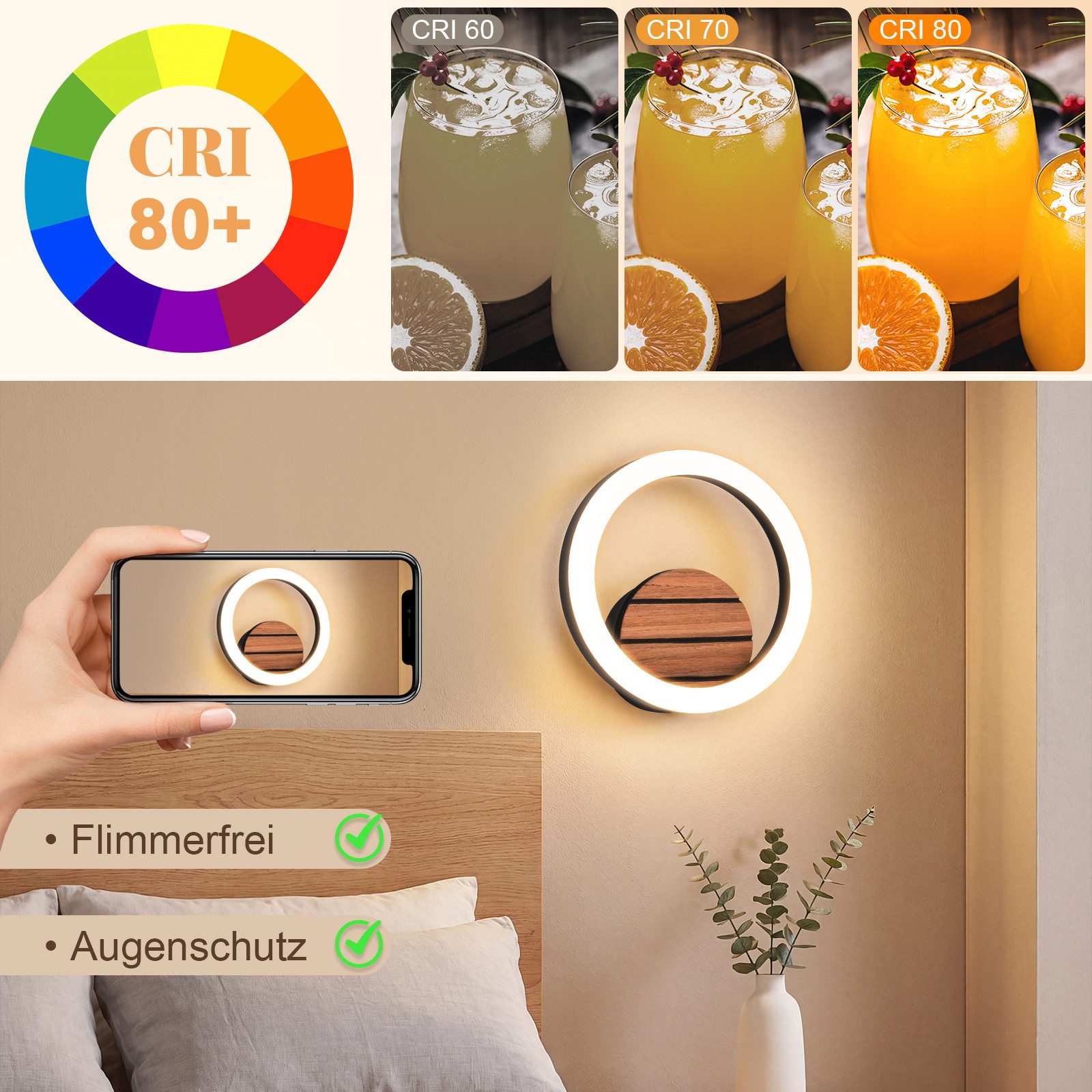 ZMH Wandleuchte 20CM Rund 6W LED Modern Design Klein Flur 3000K Warmweiß Küchenlampe, Augenschutz, LED fest integriert, Warmweiß, Beidseitig montierbar, Holzoptik-Design