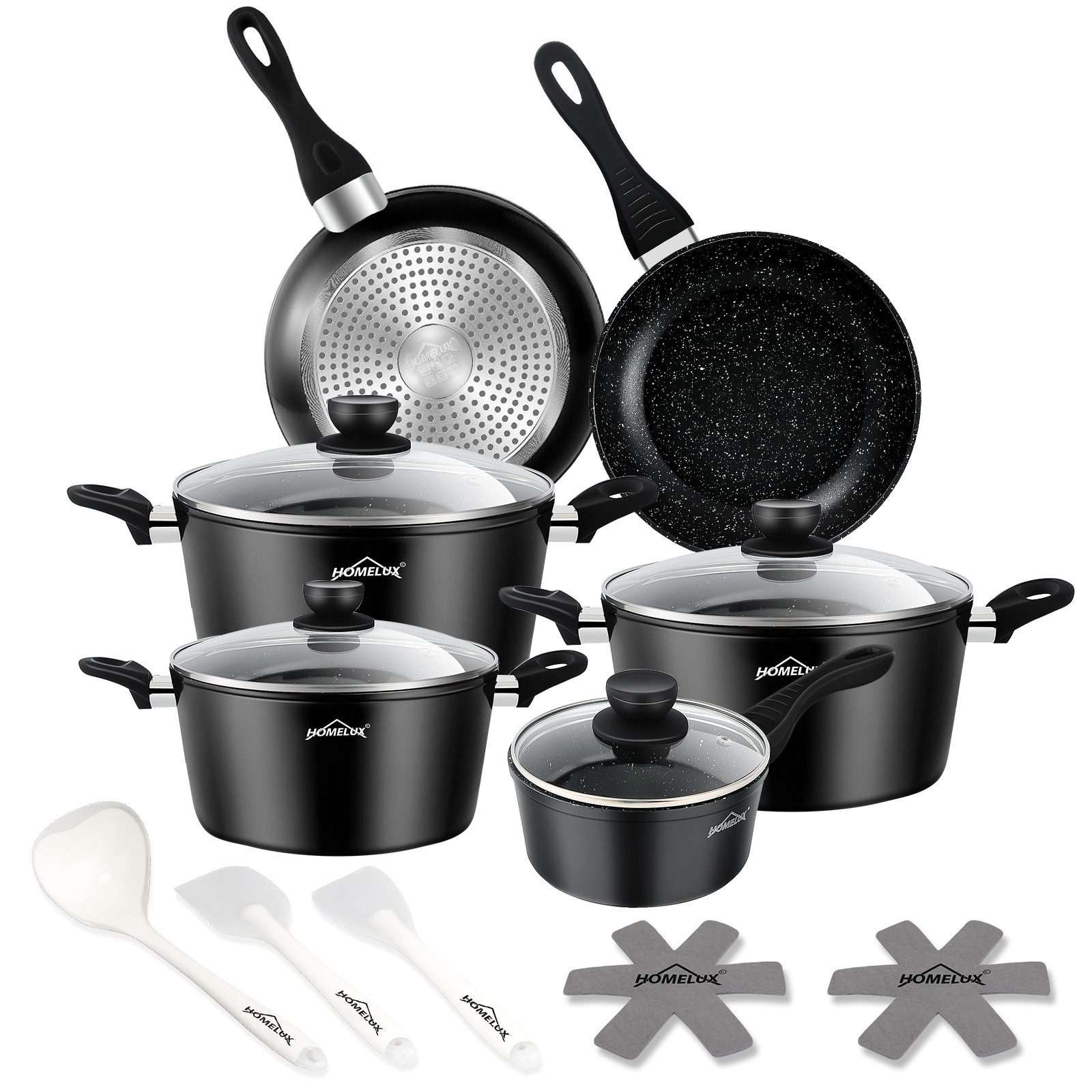 HOMELUX Topf-Set Induktions Кастрюли Set Classic Antihaftbeschichtung Kochtopfset, Aluminium (Kochgeschirr-Set, 15-tlg., 3x Kochtopf, 2x Bratpfanne,1x Saucentopf,4x Glasdeckel,5x Zubehör), Induktionsgeeignet