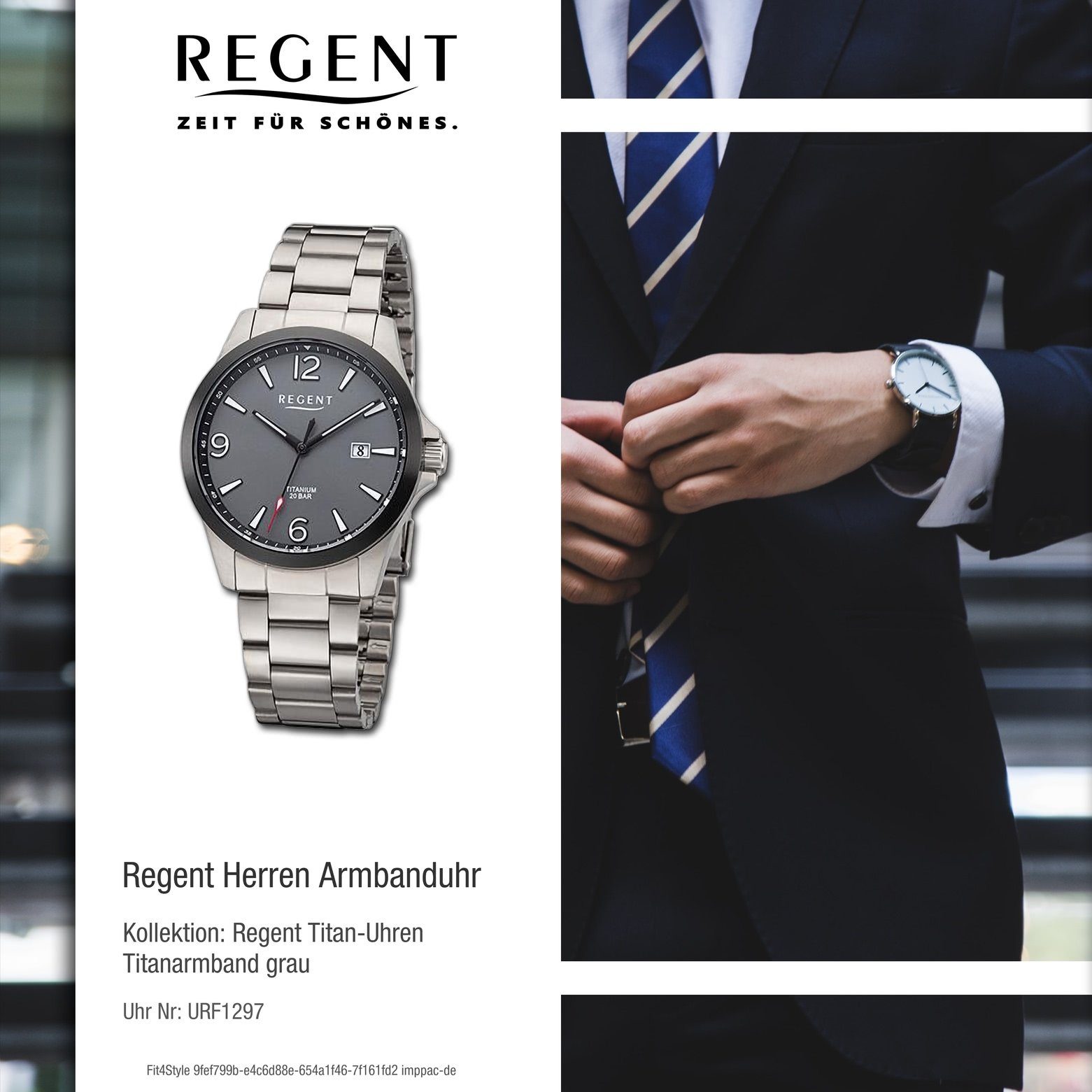 Regent Quarzuhr Titanarmband Regent rund, extra Armbanduhr Analog, Herren 39mm), groß (ca. Armbanduhr Herren