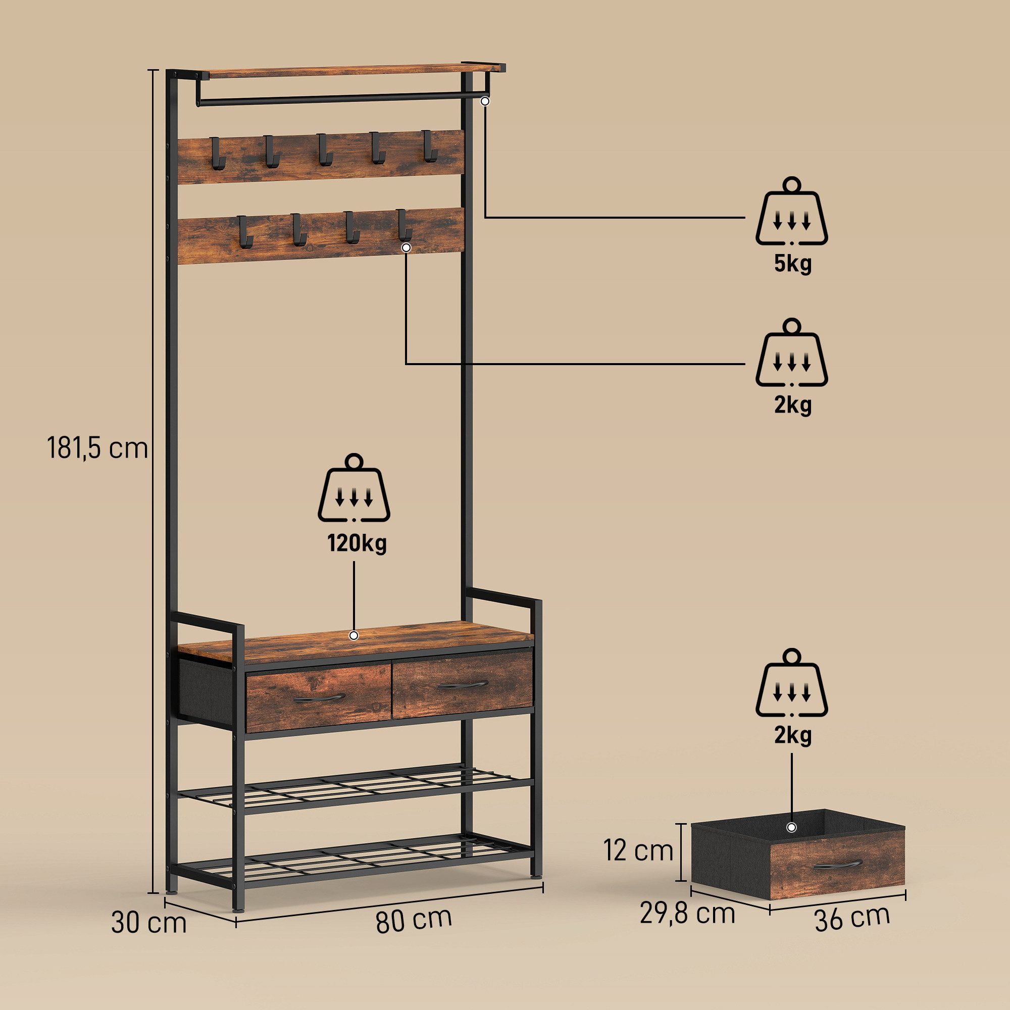 HOMCOM Garderobenständer, (Set, 1 St., 1), 5-in-1 Flurgarderobe mit Bank & Schuhregal