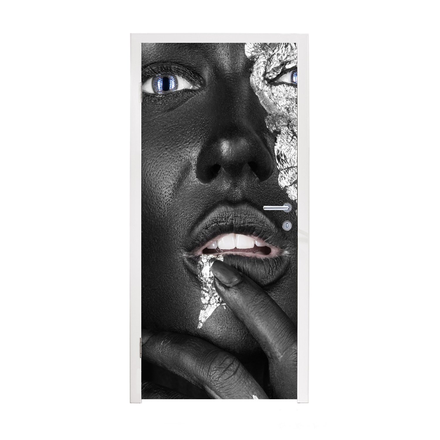 MuchoWow Türtapete Frau - Silber - Schwarz - Farbe, Matt, bedruckt, (1 St), Fototapete für Tür, Türaufkleber, 75x205 cm