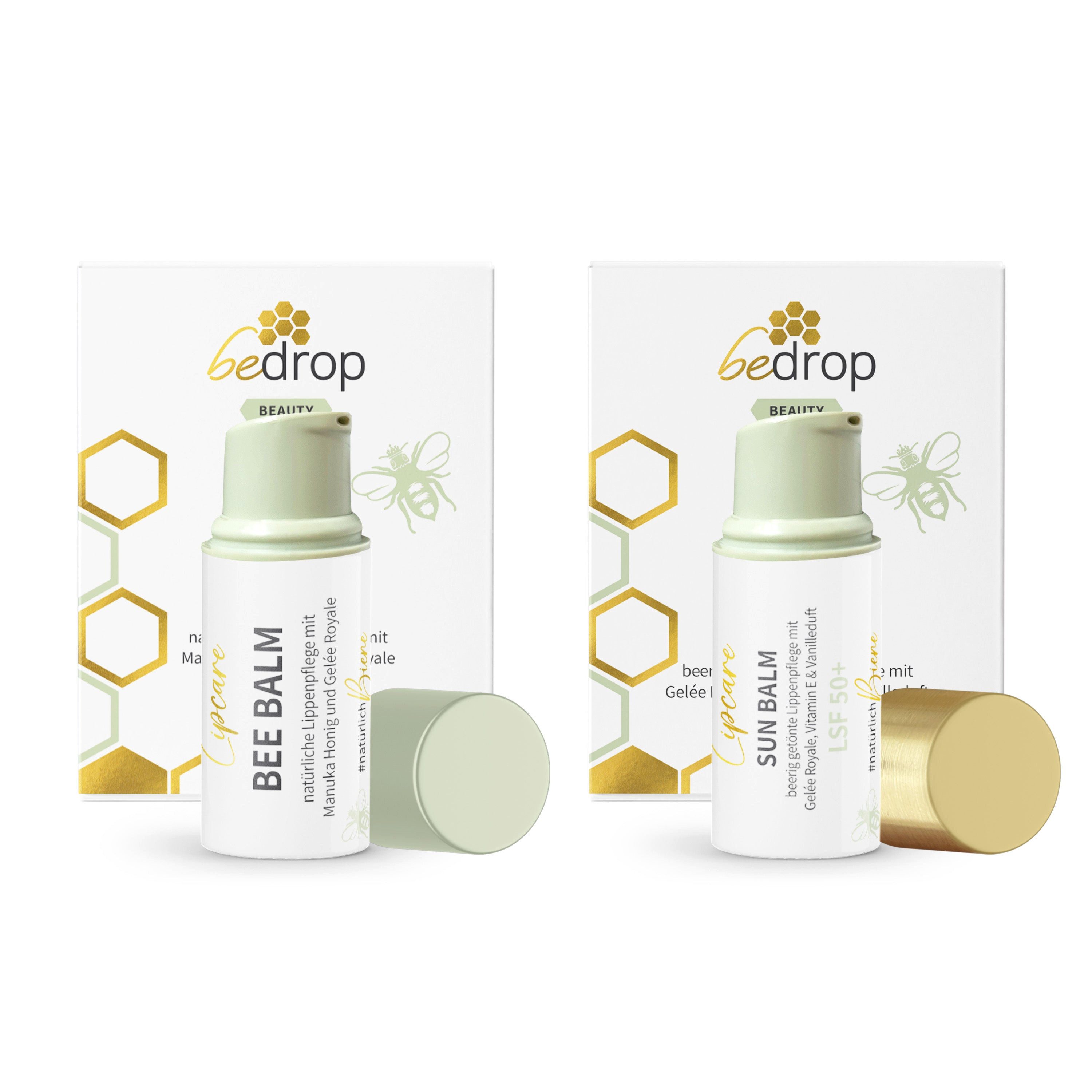 bedrop Lippenbalsam Lippenpflegeset: Doppelte Pflegepower: Bee Balm & Sun Balm LSF 50+, Power-Duo: Lippenpflege aus dem Bienenstock für jeden Anlass