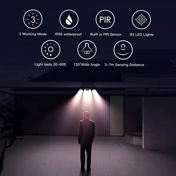 Daskoo LED Solarleuchte LED Solarlampe Fluter 83 LEDs Wandleuchte für Außen Garten,2 pack, LED fest integriert, mit Bewegungsmelder, 3 Modi, 270 ° Weitwinkelbeleuchtung