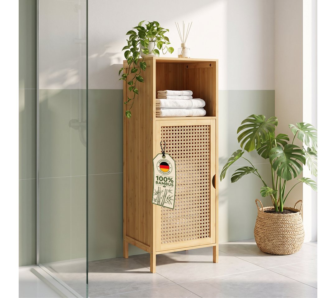 Bellamio Badregal Raba, Badschrank aus Bambus & Rattan, 36×33×98 cm, Midi Schrank mit 2 Fächern & 1 Tür, robst und langlebig