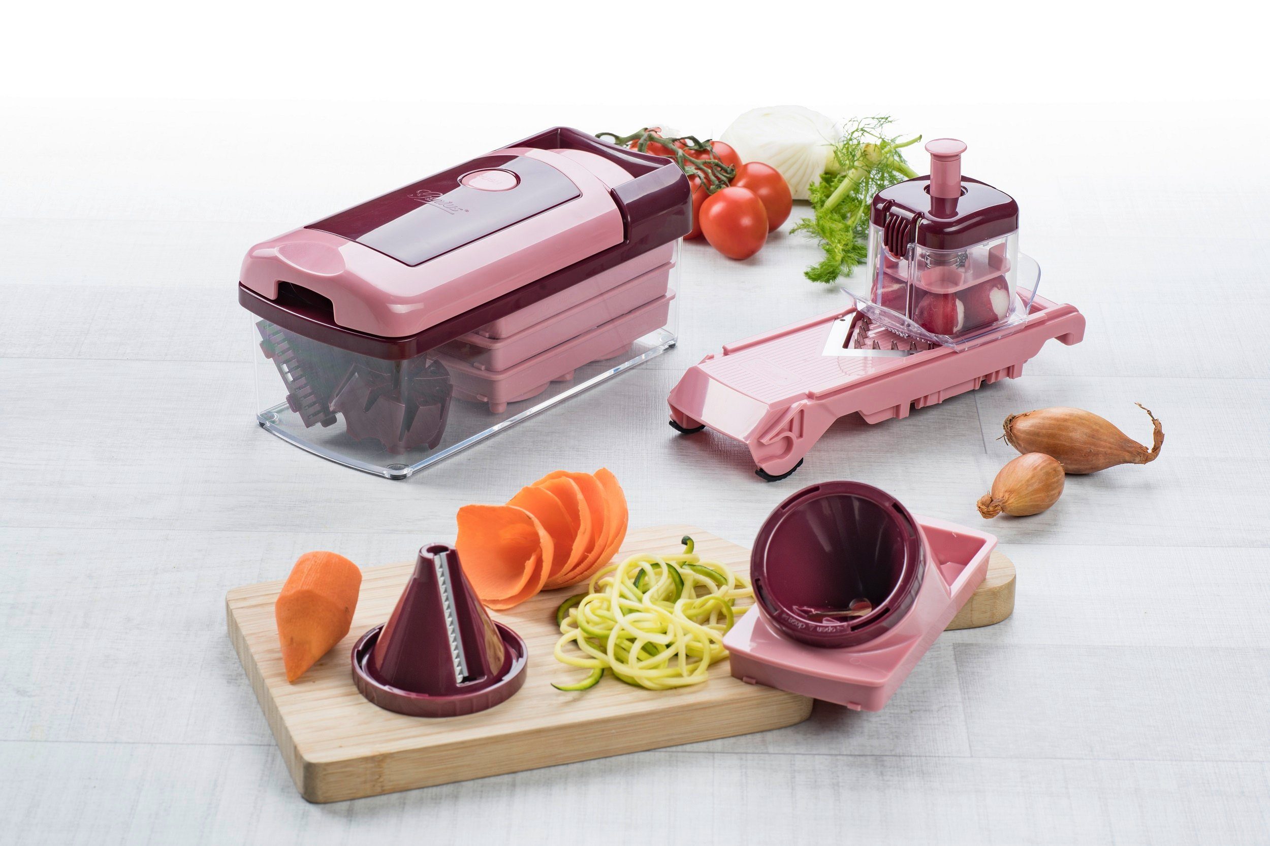 Genius Gemüseschneider Genius Nicer Dicer Fusion Smart Set (23 Teile) inkl. Twist, rubinrot, 23 Teile, Würfel, Stifte, Gemüsehobel mit 1250ml Fassungsvolumen