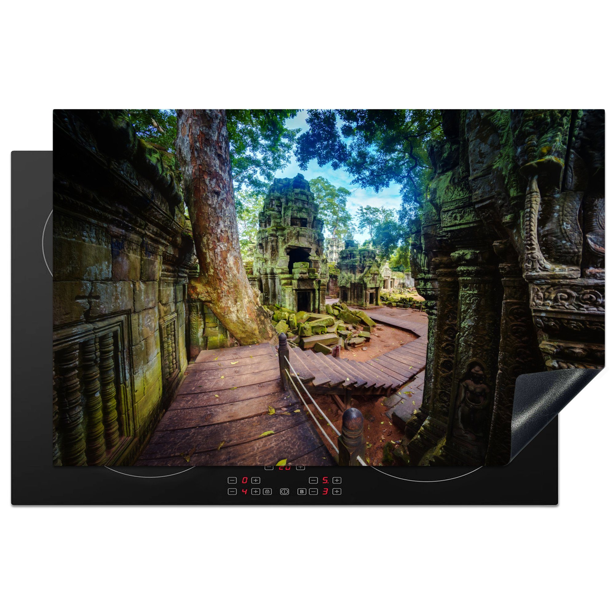 MuchoWow Herdblende-/Abdeckplatte Pfad zum Ta Prohm Tempel, Vinyl, (1 tlg), 81x52 cm, Induktionskochfeld Schutz für die küche, Ceranfeldabdeckung