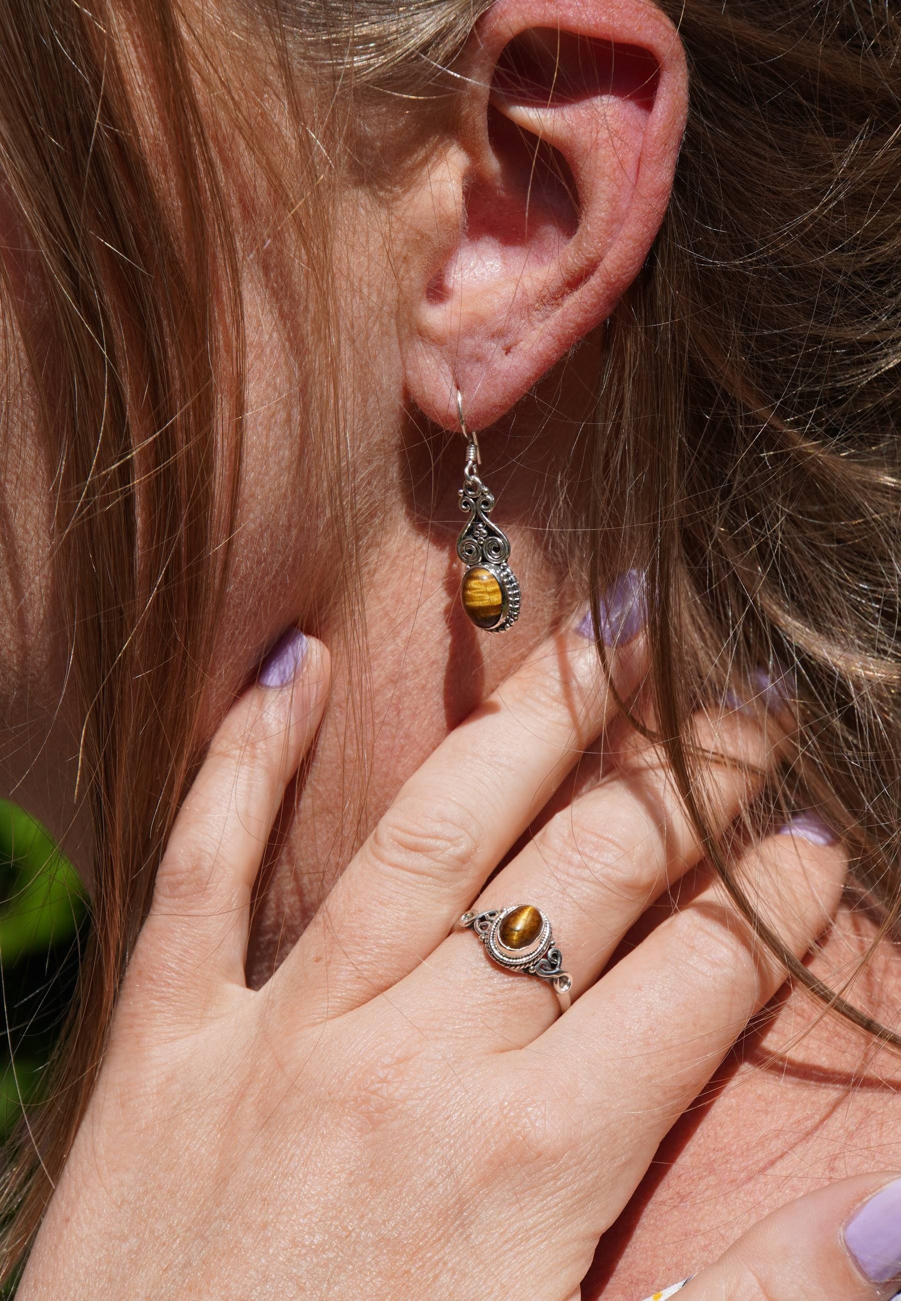 mantraroma Schmuckset 925er Silber mit Tigerauge (Schmuckset aus 925 Silber)