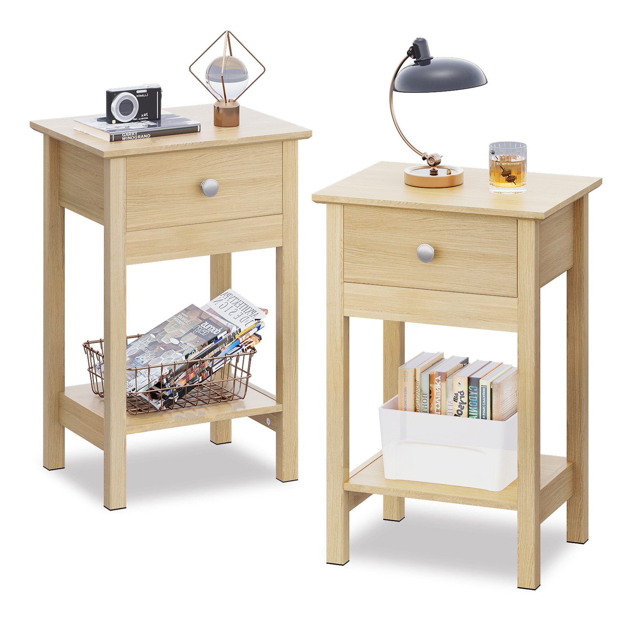 WLIVE Nachttisch Nachttisch mit Schublade und Ablage, Beistelltisch Holz 40×30×60,6cm (2er-Set), offene Ablage
