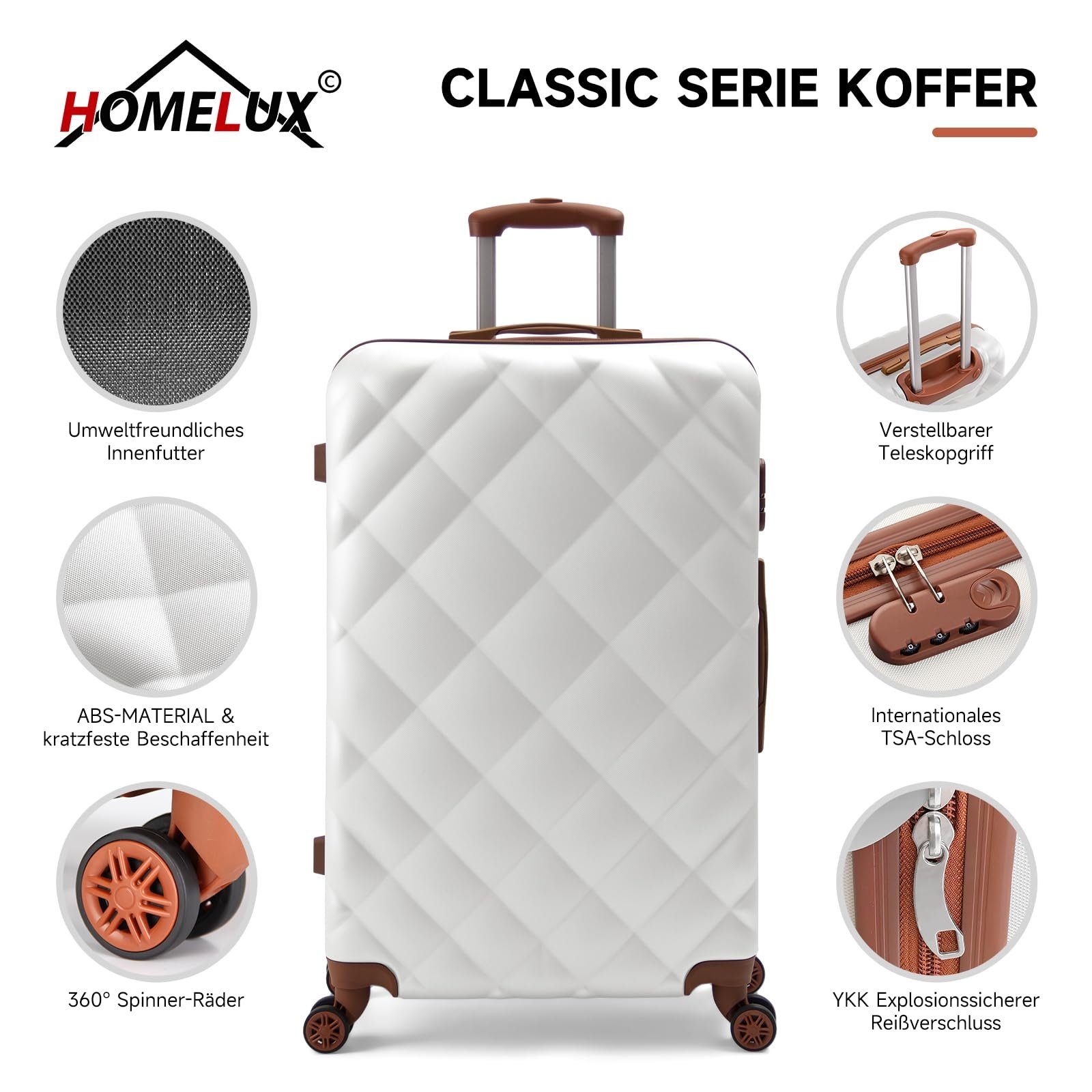 Rollkoffer Rollen, M-L-XL HOMELUX Hartschalen ABS Trolleyset Hartschale Rollen, (Set, koffer Reisekoffer, Weiß 3er Set 4 Kofferset - 4 3), Trolley