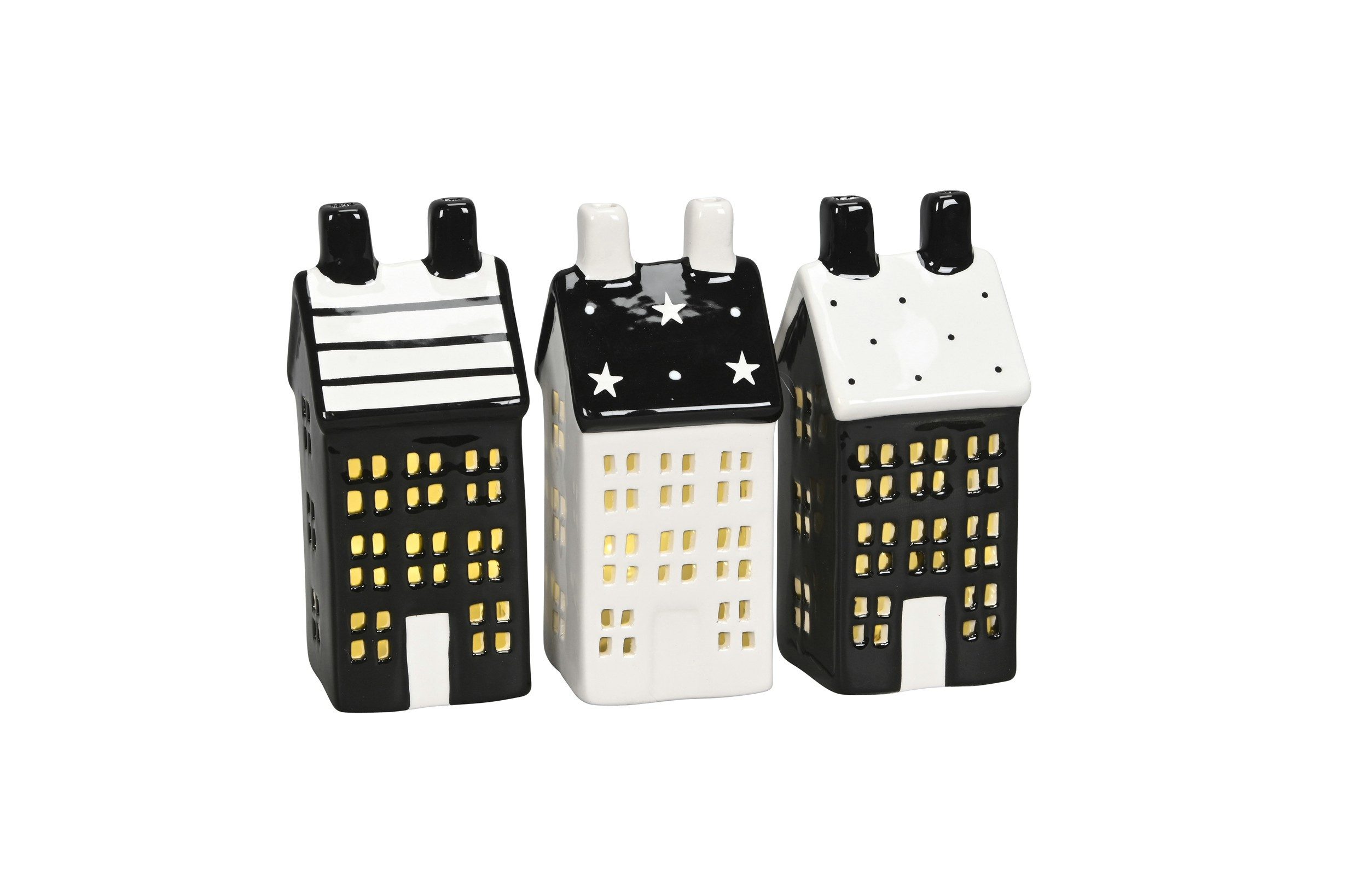 finehomegarden Dekoobjekt Deko Haus LED schwarz/weiss 3fach sort. 5,5x5,5cm H13,5cm Keramik (3er Set, 3 St., 3tlg), Lichterhaus Beleuchtung Herbst Dekoration