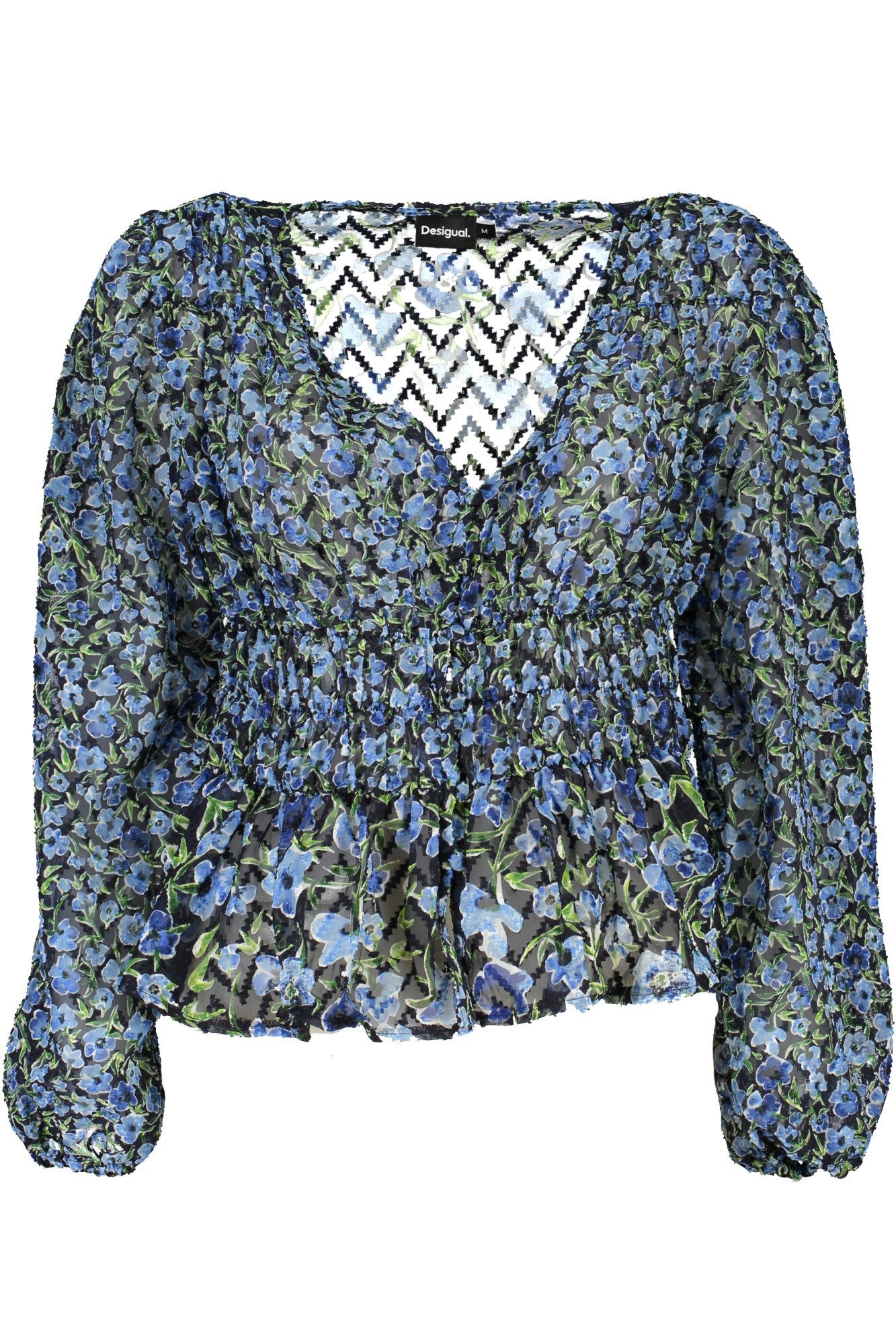 Desigual Strickpullover Damenpullover Blau: Muster, V-Ausschnitt, Lange Ärmel, Taillengummi