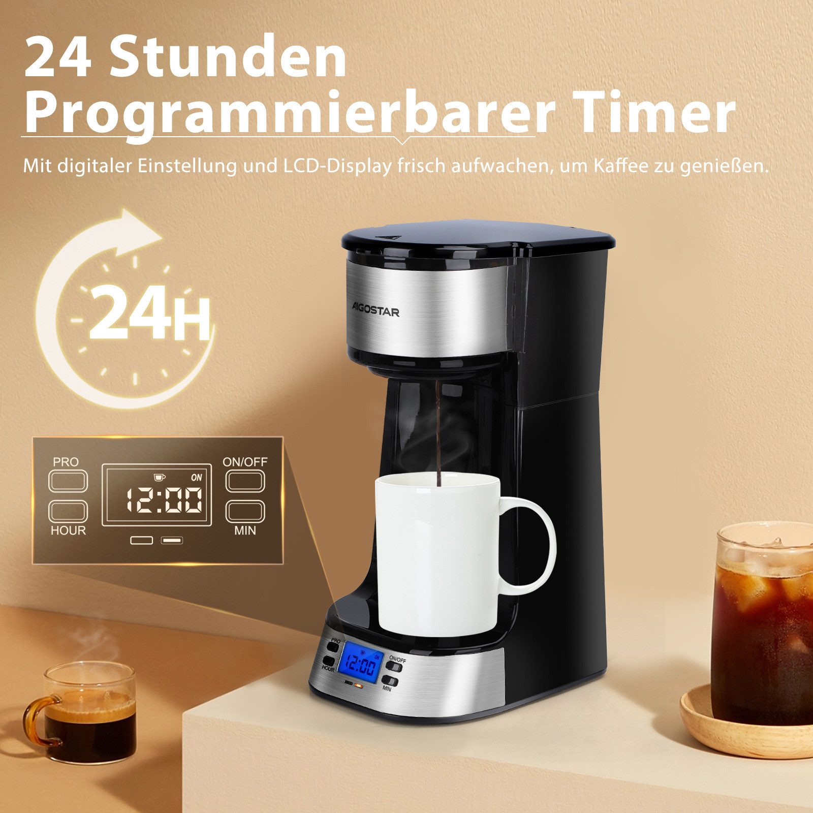 Aigostar Filterkaffeemaschine mit Thermobecher, 420 ml, 750W, AutoClean-Funktion, 24H Timer, Edelstahl, Abnehmbarer Filter, 750W, 420 ml, Mit 24h-Timer, LCD-Anzeige, AutoClean-Funktion