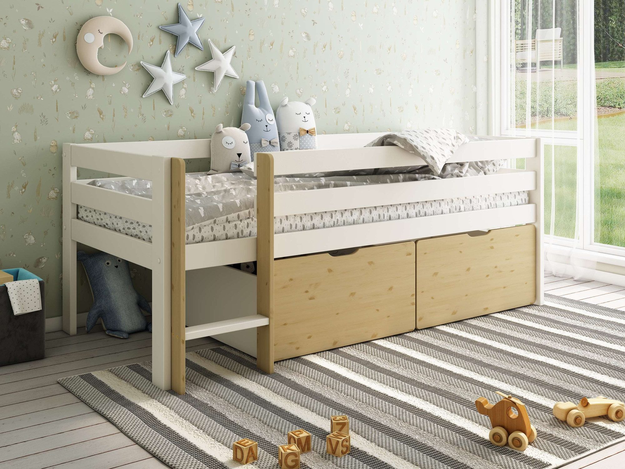 OTTO home Kinderbett Tide, maximaler Stauraum durch Schubkästen, Massivholz (4-tlg., Kinderbett inklusive Lattenrost und 2 Bettkästen), Hochbett mit Rausfallschutz, Made in EU