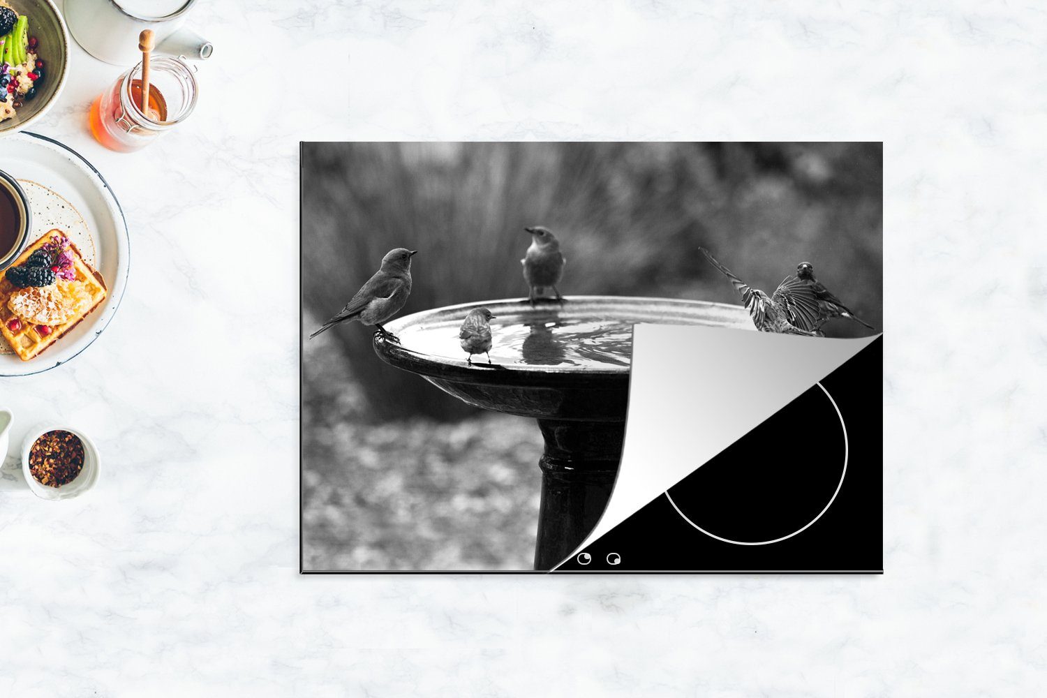 MuchoWow Herdblende-/Abdeckplatte 70x52 Vogelarten und, schwarz cm, Arbeitsfläche sich Vinyl, tlg), Ceranfeldabdeckung (1 nutzbar, teilen Mobile Vogeltränke eine - Verschiedene