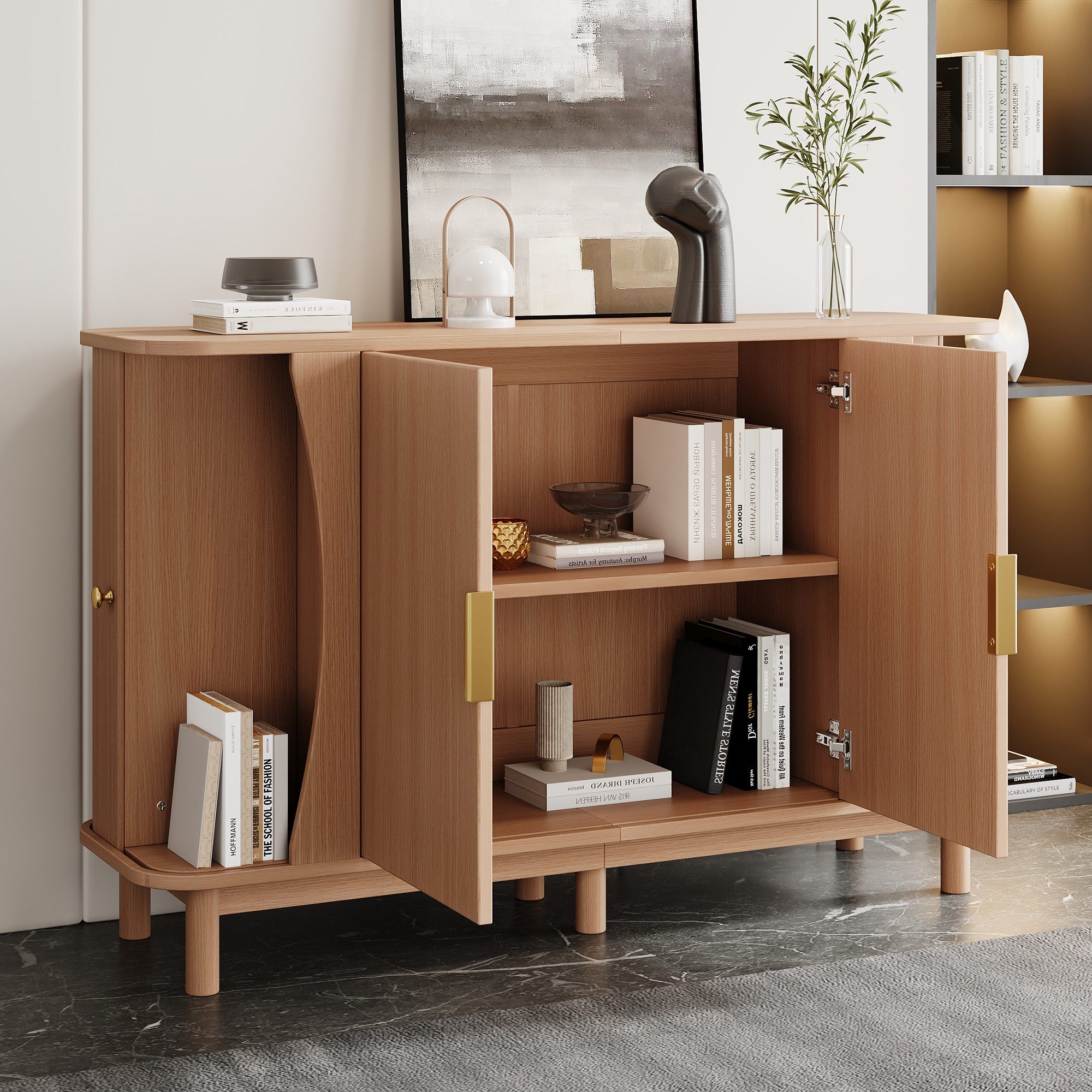 Merax Sideboard mit abgerundeten Kanten, Schrank Buffetschrank Anrichte (1 St), Kommode mit 2 Schiebetüren & Stauraum, 140x40x88cm