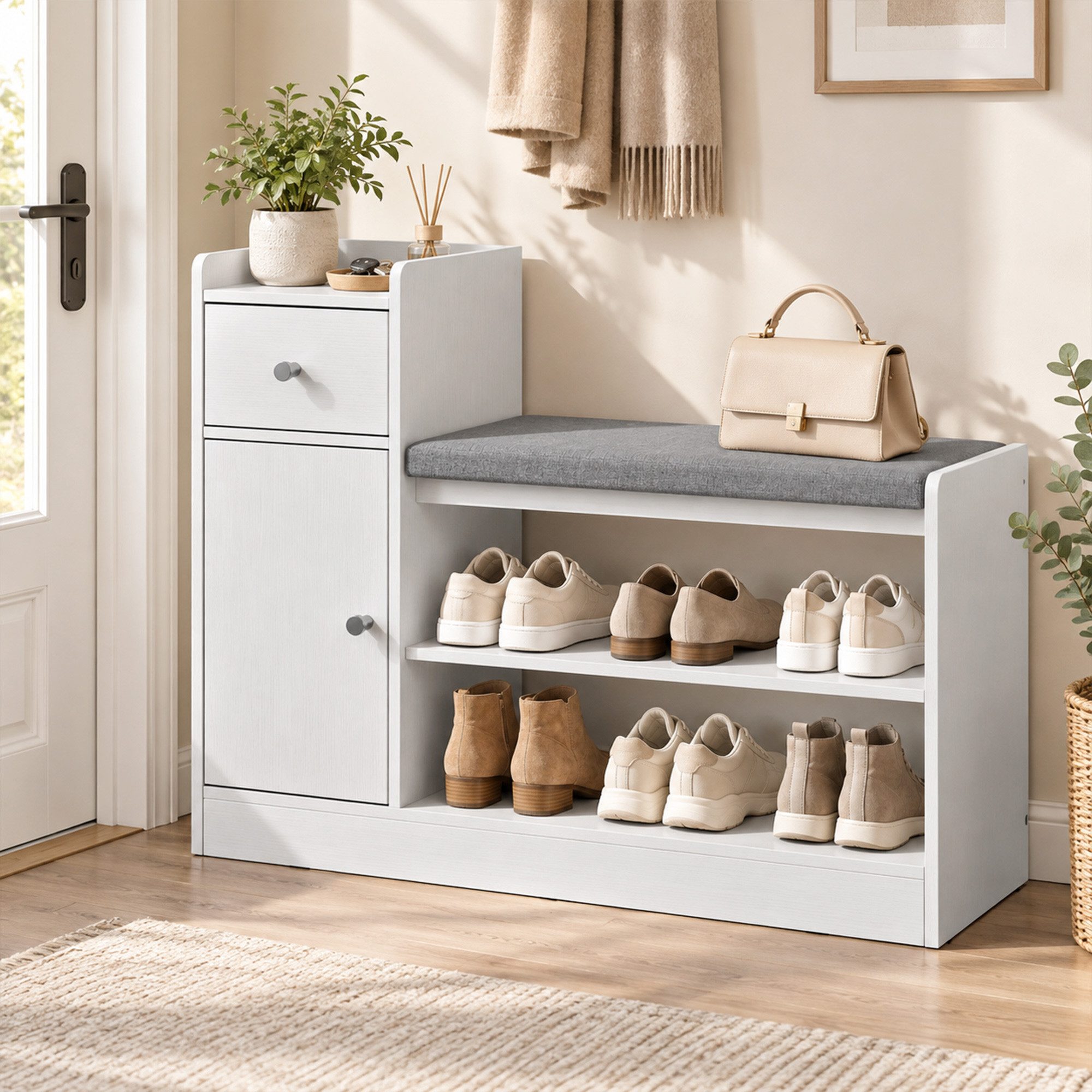 HOMCOM Schuhbank Nordische Sitzbank mit Leinenoptik, offene Ablagen, 90x30x68cm (Sitzbank, 1-St., Flurbank), Schlank, mit Schublade & Schrank