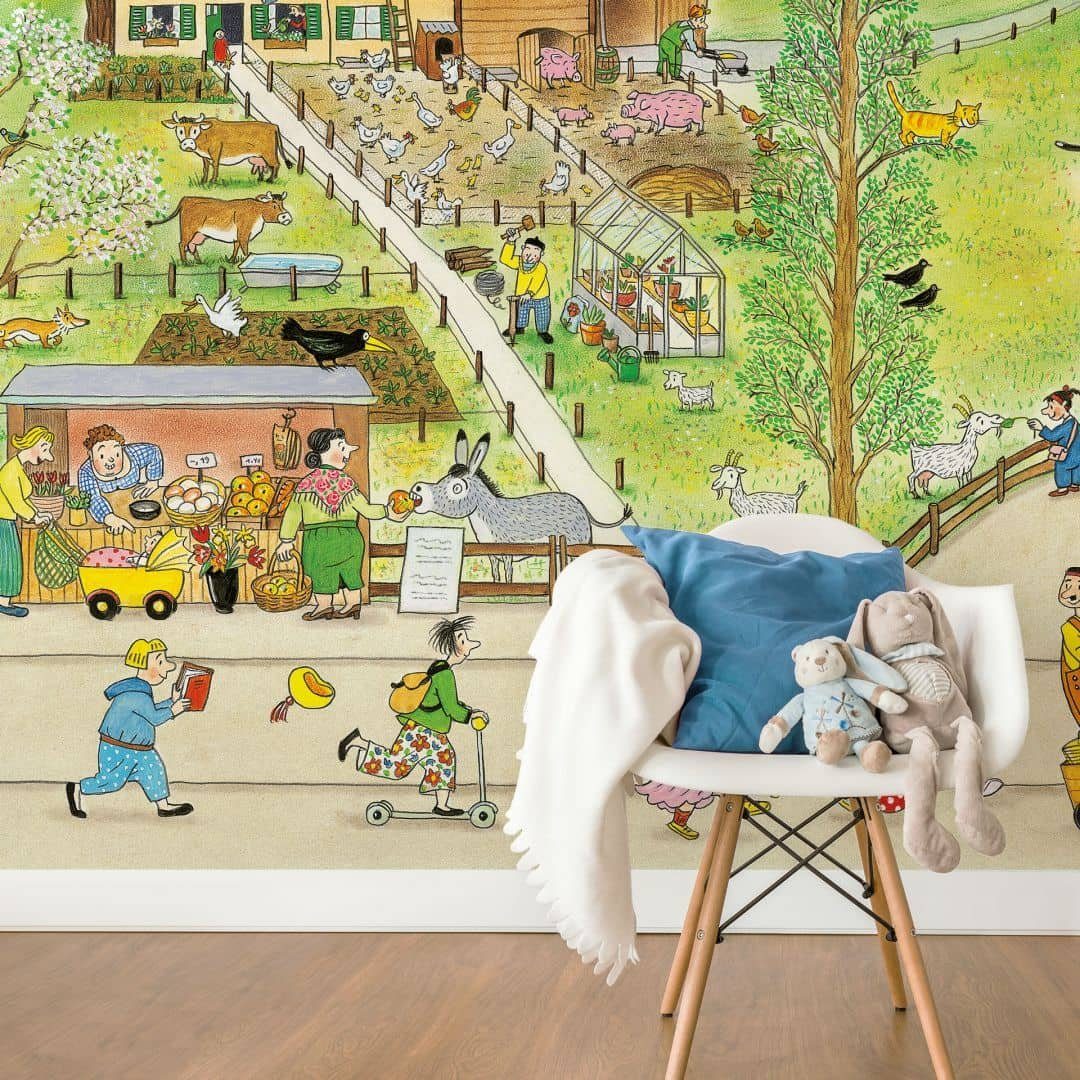 Wimmelbuch Verlag Fototapete XXL Kinderzimmer große Tapete Wimmel Bauernhof Tiere Landhaus Frühling, Bauernhoftiere Vliestapete