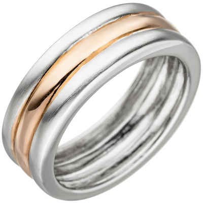 Schmuck Krone Silberring Ring Fingerschmuck 3-reihig teilmattiert 925 Silber Rotgold vergoldet bicolor, Silber 925