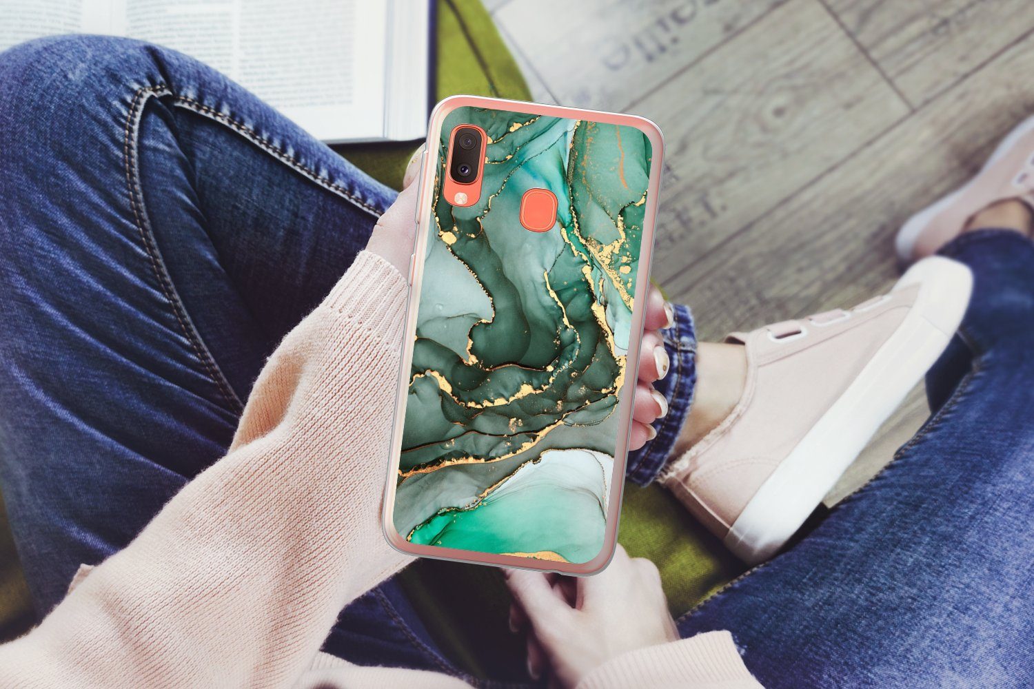 MuchoWow Handyhülle für Samsung Galaxy A20e Gold - Marmor - Grün - Luxus - Marmoroptik - G, Smartphone-Bumper, Print, Handy Schutzhülle Dünn