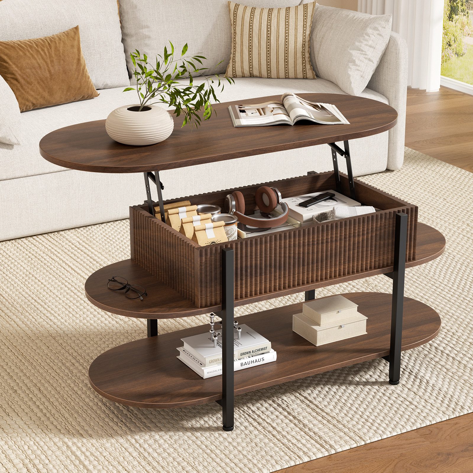 FABATO Couchtisch oval, höhenverstellbar mit verstecktem Stauraum, 3-Etagen-Design (1-St), 105.9×45×50-63.5cm, braun