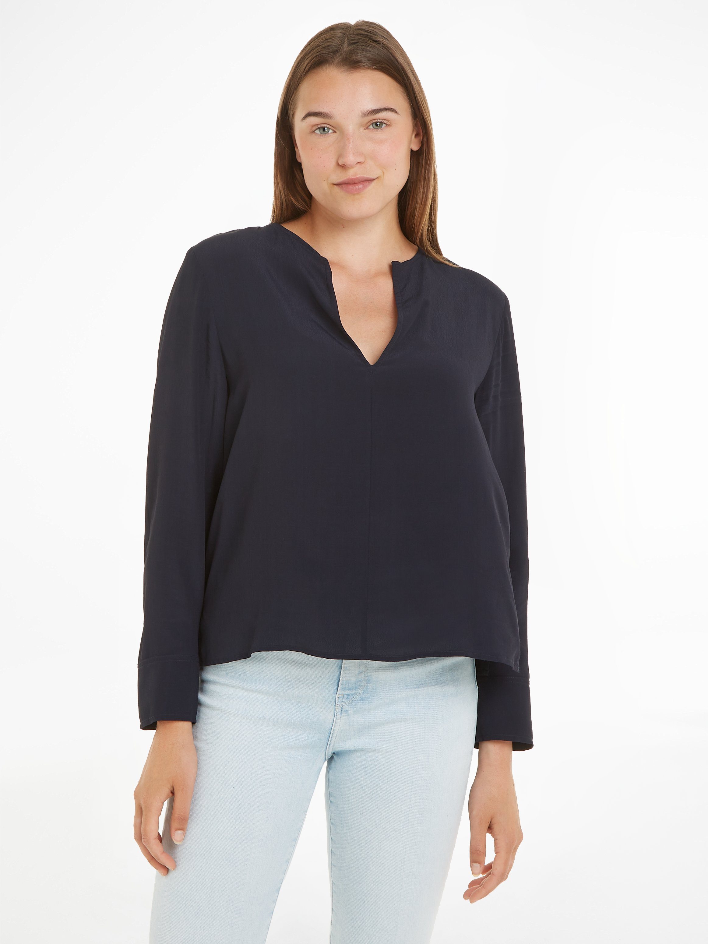 Tommy Hilfiger Langarmbluse VISCOSE CREPE V-NECK BLOUSE in Unifarbe