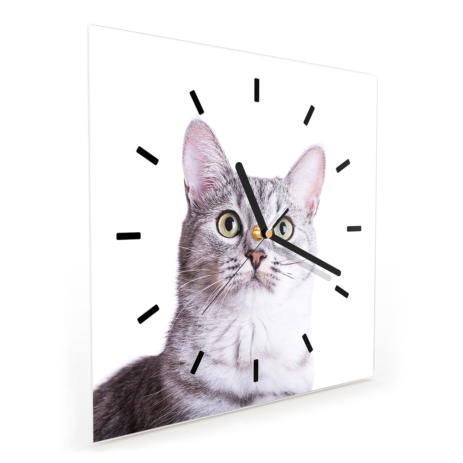 Katze Größe Motiv Wanduhr 30 Glasuhr Getreifte x mit cm Primedeco 30 Wanduhr Wandkunst