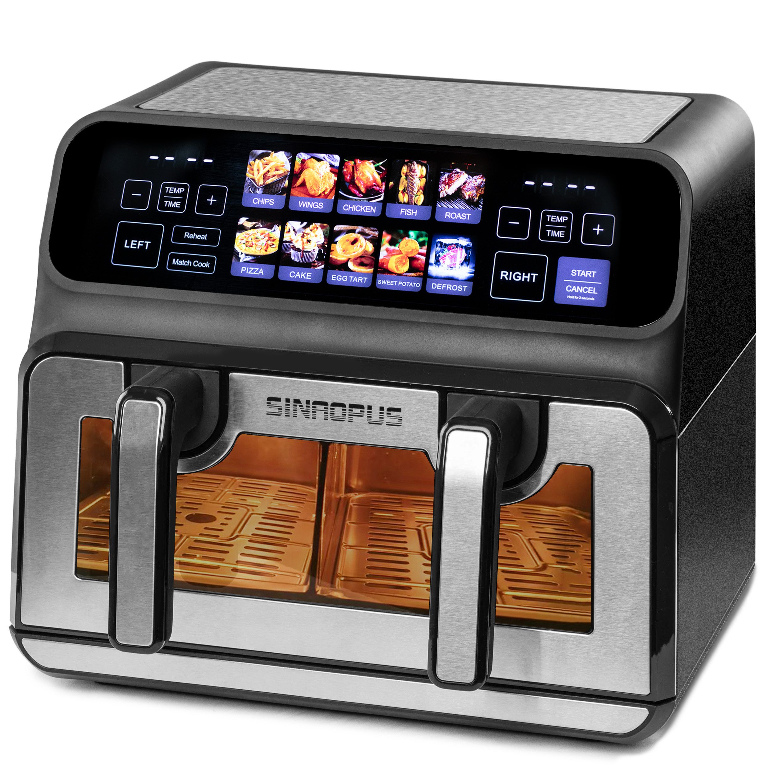 WHEELYOU Heißluftfritteuse 9L, 2200W Doppelkammer-Airfryer mit Farb-LED, Sichtfenster & 10 Programmen, 2200 W, 9L Airfryer mit 2×4,5L Körben, 50–200 °C, Timer & Innenlicht
