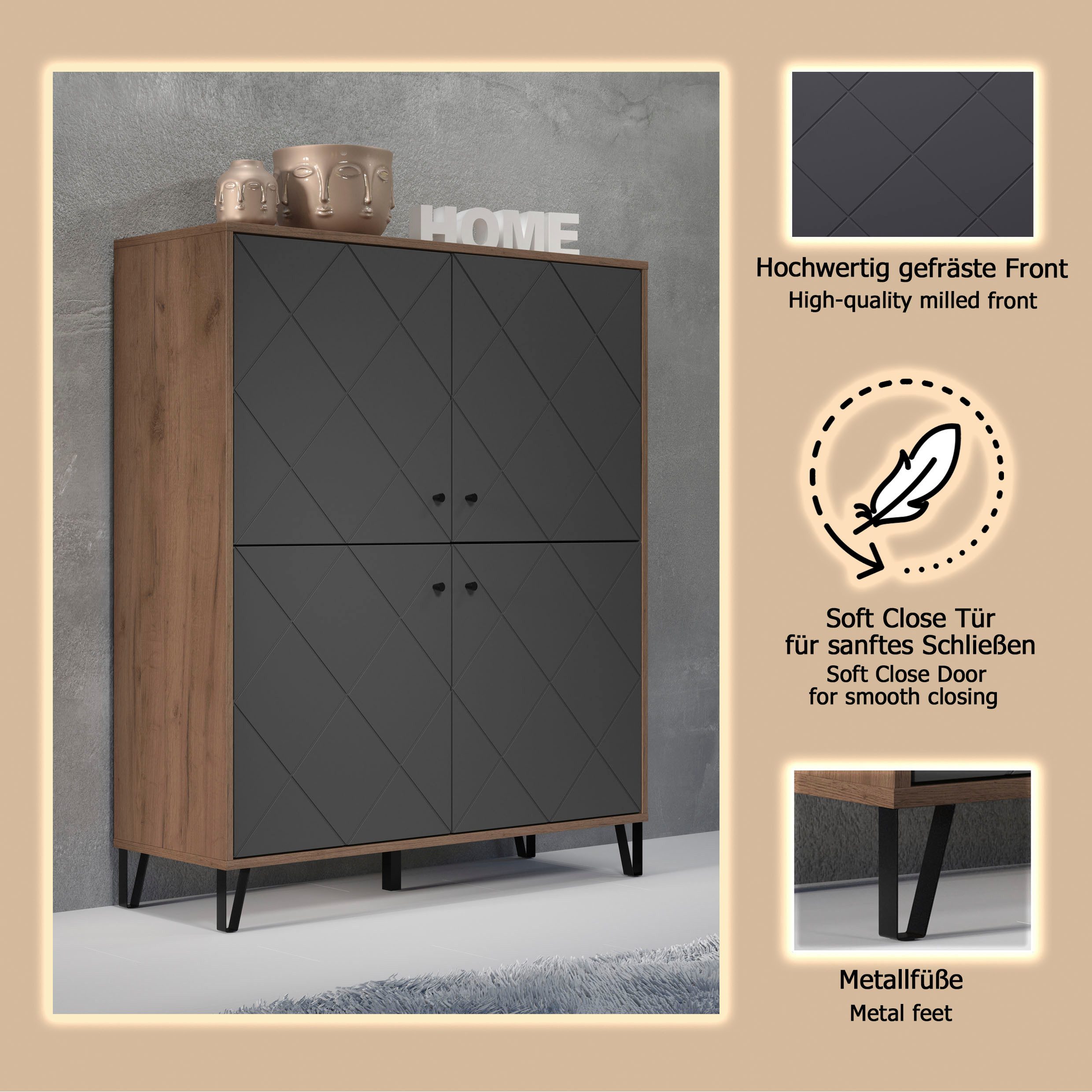 Home affaire Highboard Molveno (1 St), Highboard mit 4 Türen & Soft-Close - (B/T/H) 123/40/136 cm