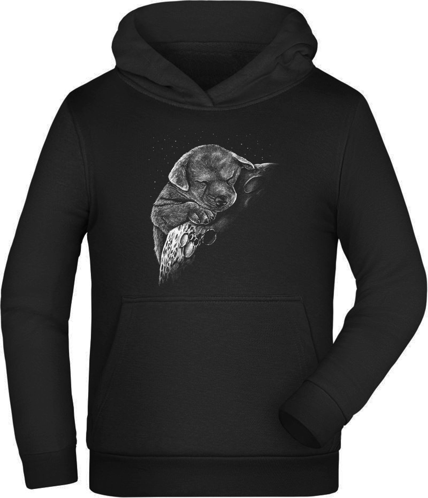 MyDesign24 Hoodie Kinder Kapuzen Sweatshirt Welpe liegend auf Mond - Kinder Hoodie Schwarzer Kapuzensweater mit Aufdruck i260