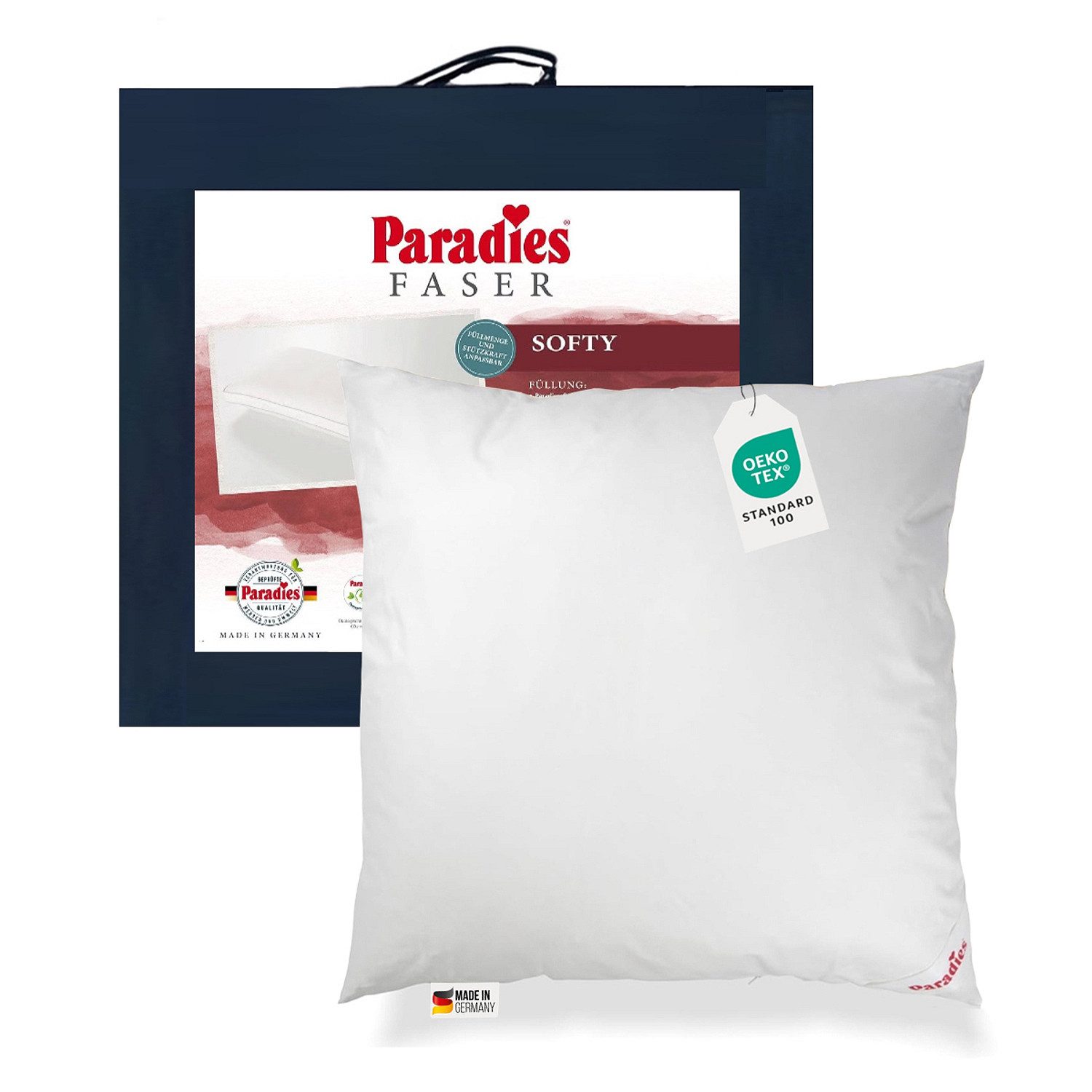 Paradies Kunstfaserkopfkissen Paradies Softy Kopfkissen Kissen Faserkissen Kuschelkissen 80x80 60°, Füllung: Paradies Fill Fasertechnologie für dauerhaft bauschiges Volumen, 100% Polyester, Bezug: 100% Baumwolle, veredelt mit Aloe Vera, Bauchschläfer, Rückenschläfer, Seitenschläfer, Klimaneutrale Herstellung