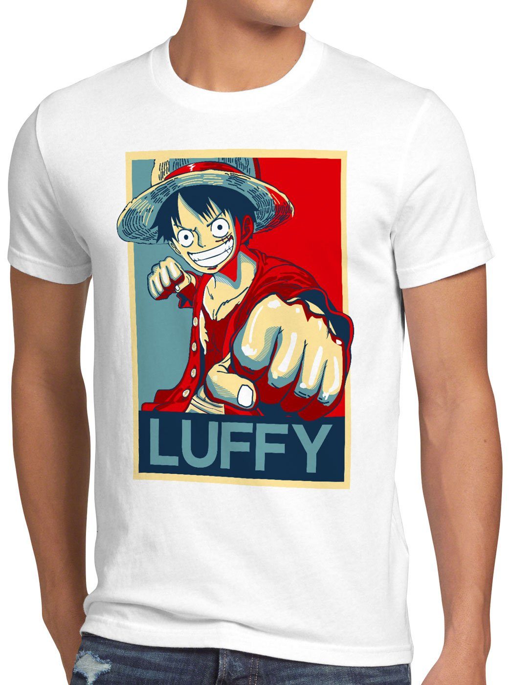 style3 Print-Shirt Herren T-Shirt LUFFY one strohhut anime piece japanisch weiß