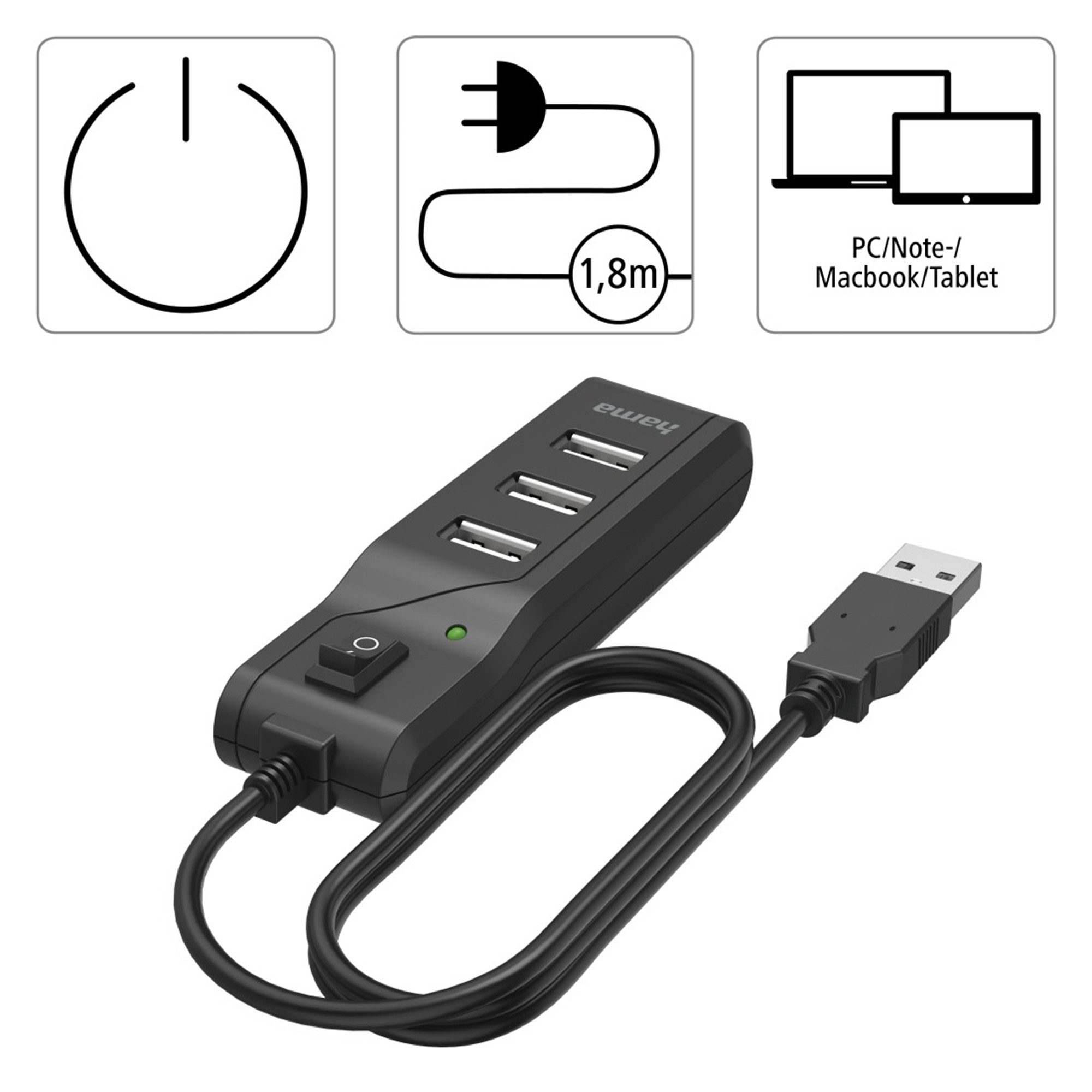 Hama 4 Ports, USB 2.0, Ein-/Ausschalter USB-Adapter, 180 cm