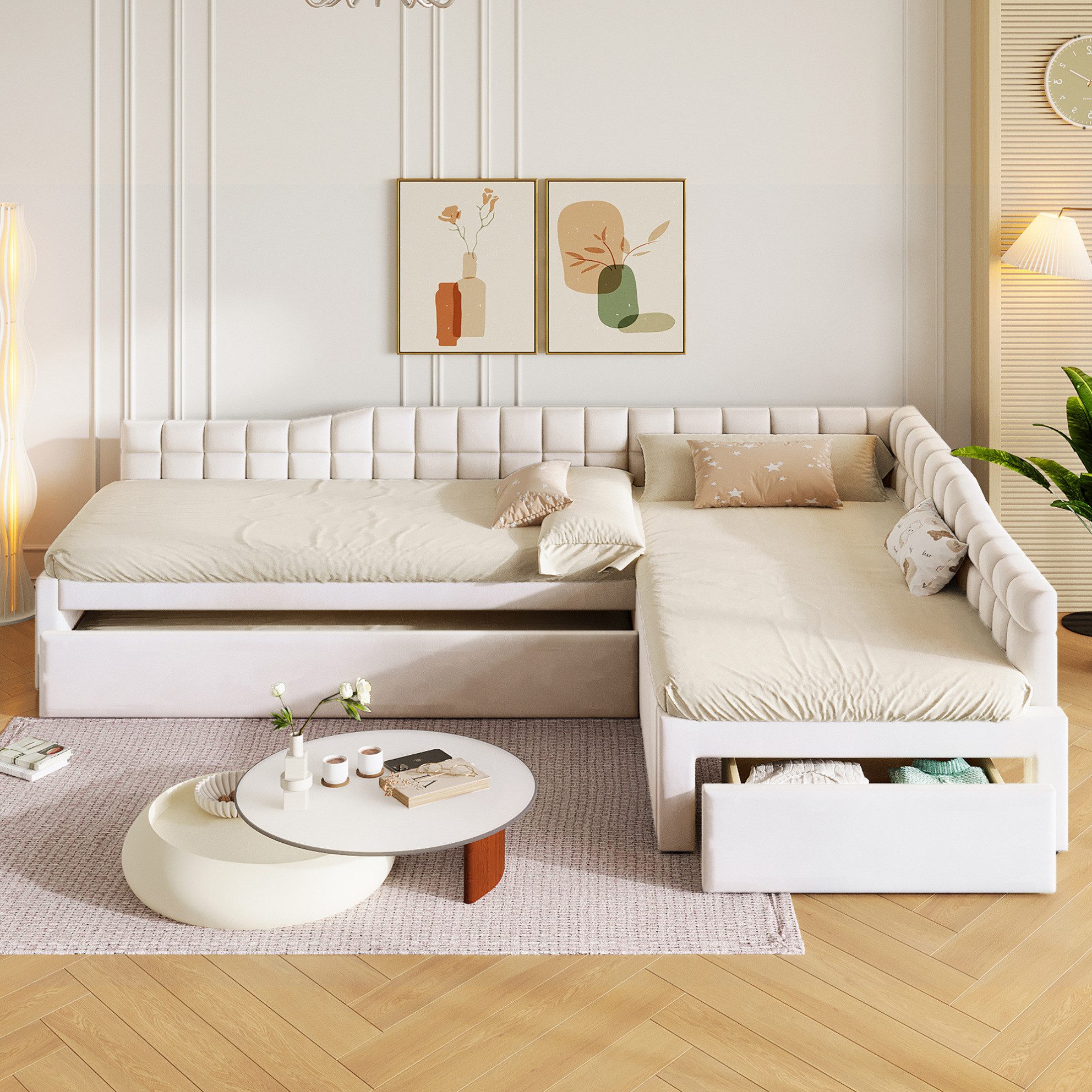 REDOM Polsterbett Komfortables Bettgestell mit Stoffbezug und weicher Polsterung (Packung, 1-tlg., 90x200 L-Bett Beige aus Samt mit Zusatzbett ohne Matratze), Einzelbett Lösung mit Schubladen und flexiblem Ausziehbett