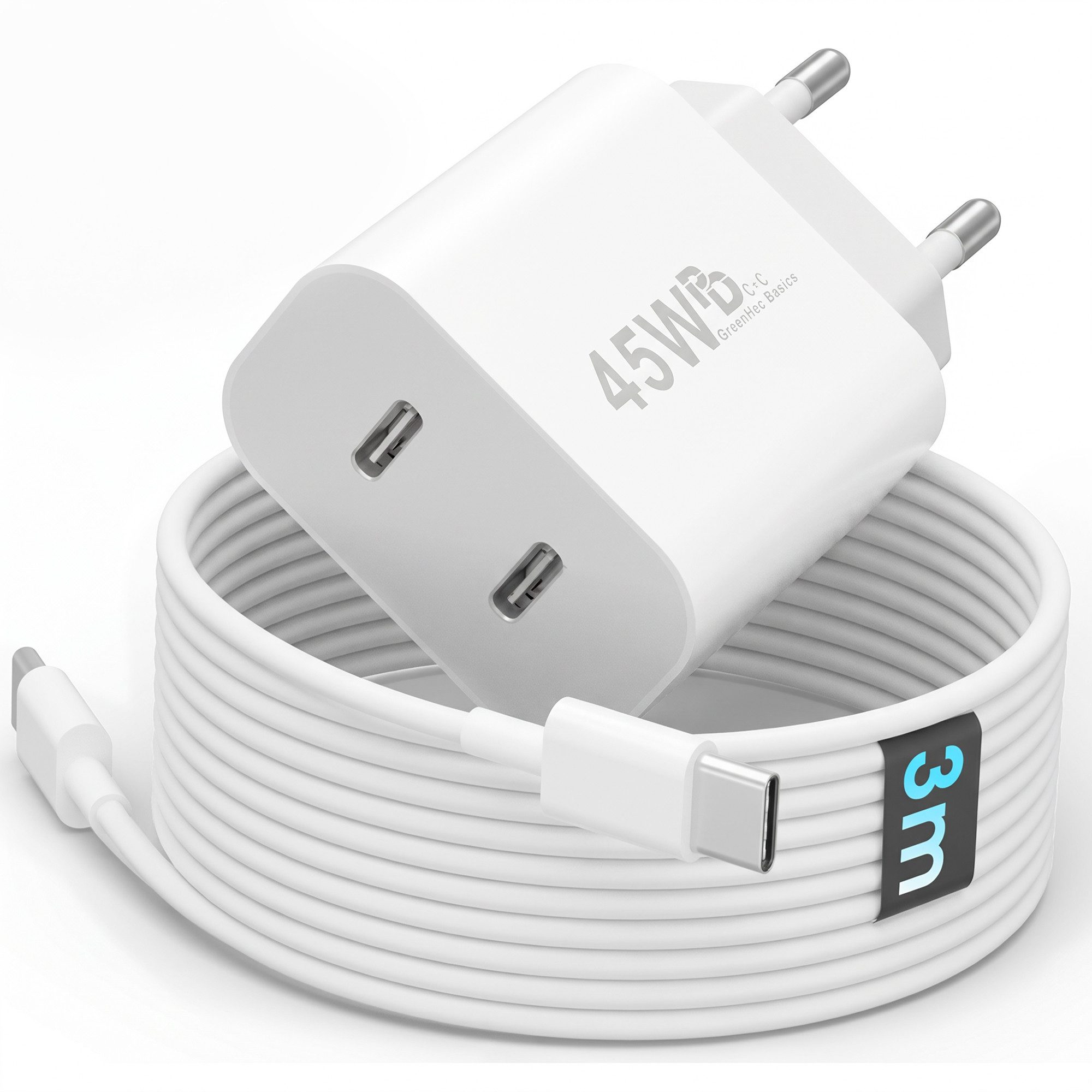 GreenHec USB C Schnellladegerät 45w Samsung Galaxy S26 S25 S24 S23 S22 S21 Fast Schnelllade-Gerät (Spar-Set, 45w USB-C Dual Charger + 3m Kabel, S26+ Ultra FE Ladegeräte USBC Handy Charger Netzteil Adapter Zubehör)