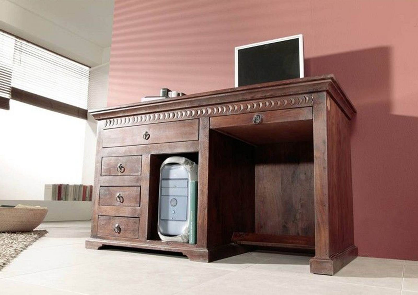 Massivmoebel24 Schreibtisch OXFORD (Massivholz, Massivholztisch), Schreibtisch Akazie 140x64x80 nougat lackiert OXFORD #511