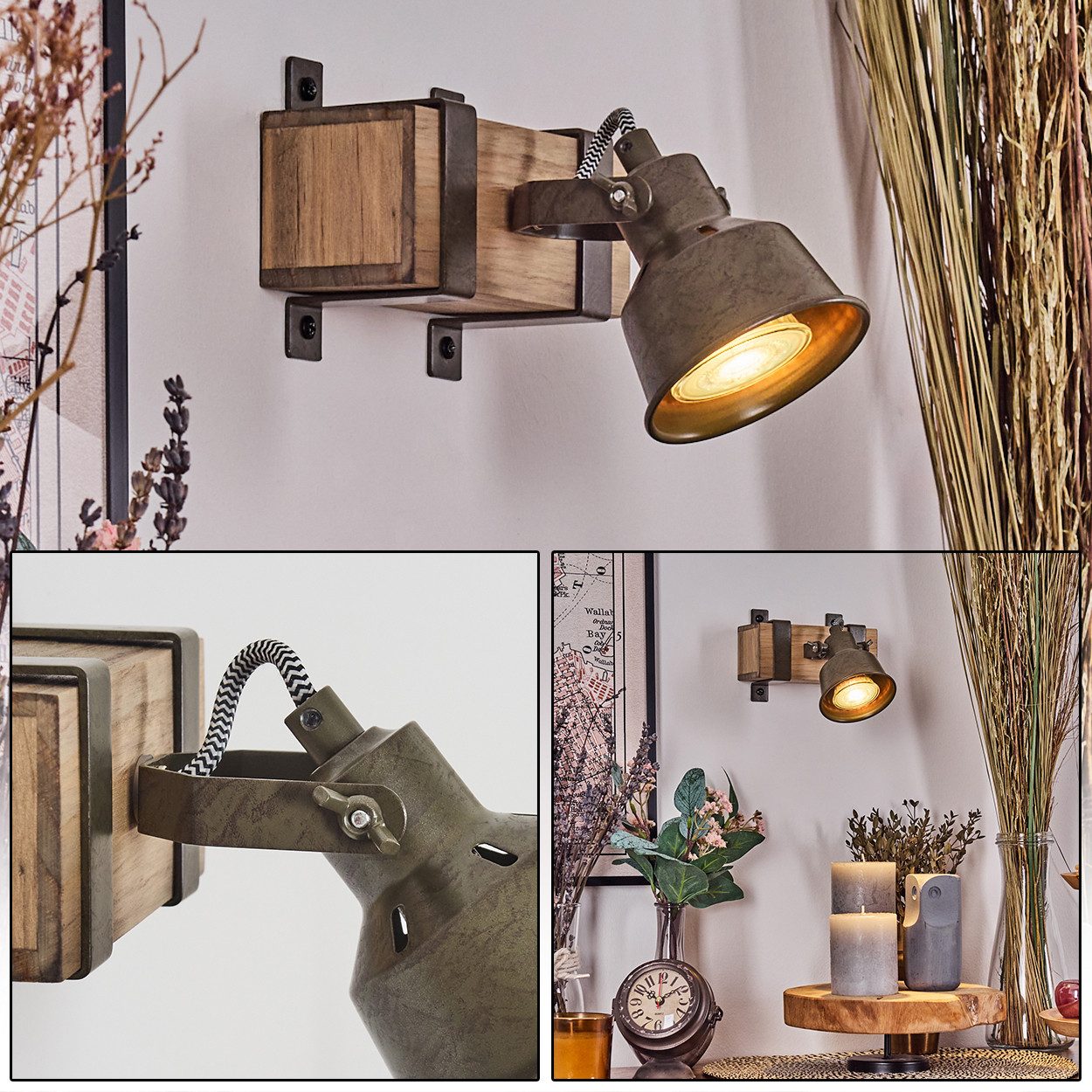 hofstein Wandleuchte Wandlampe aus Metall/Holz in Grün/Grau/Natur, ohne Leuchtmittel, Leuchte mit verstellbaren Strahlern 1 x GU10, ohne Leuchtmittel