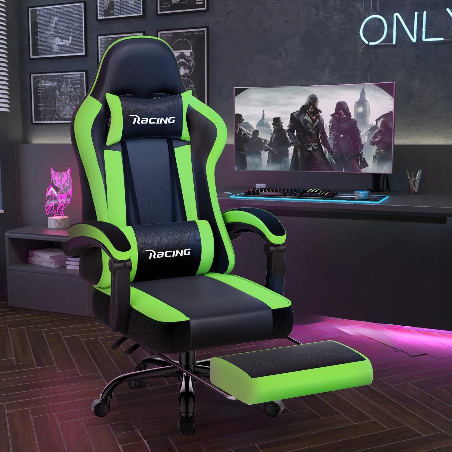 LuxusKollektion Gaming Chair Ergonomischer Gaming Stuhl mit verstellbaren Kissen und Fußstütze bis
