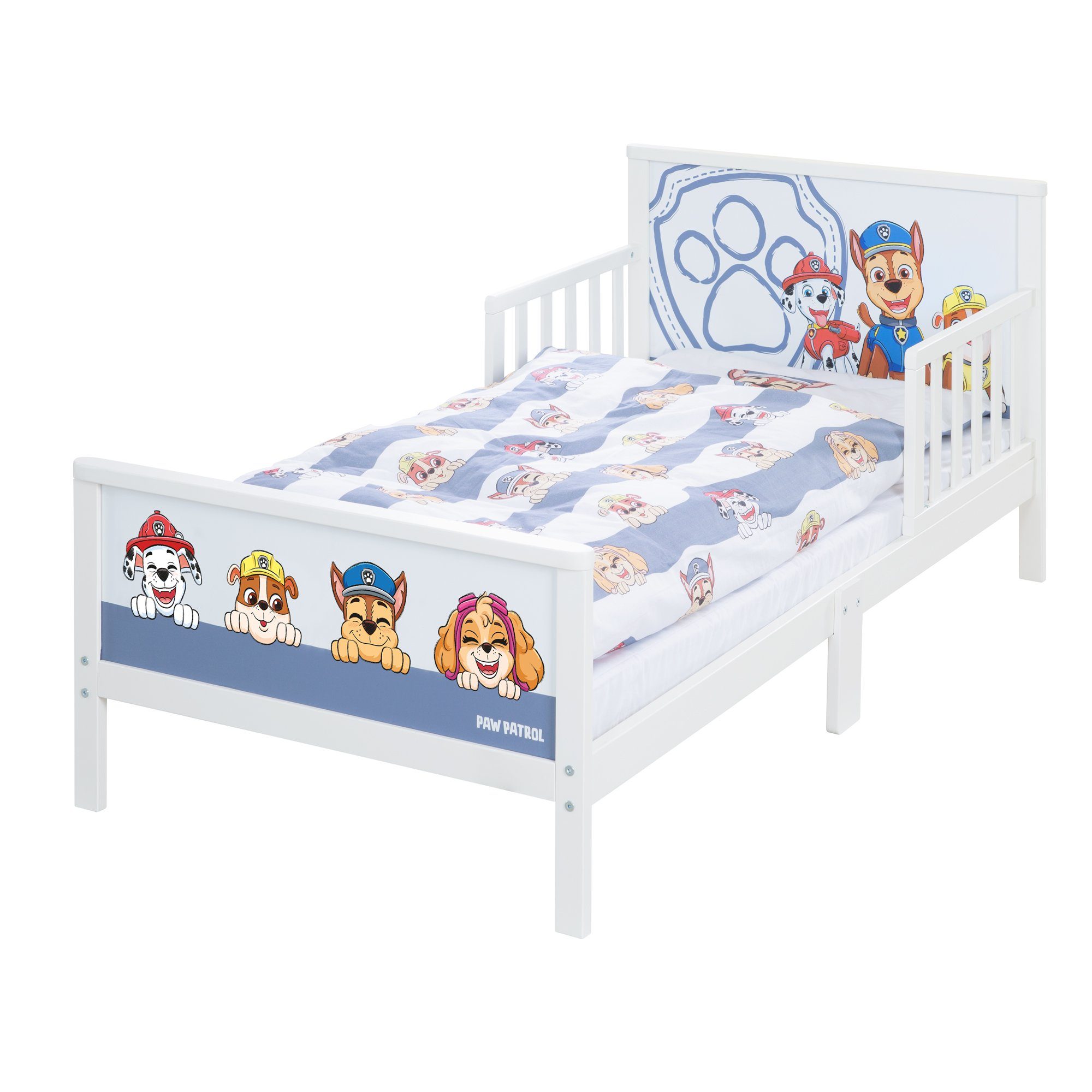 roba® Kinderbett Paw Patrol, Themenbett inkl. Bettwäsche & Lattenrost, Montessori Kleinderkinderbett aus Holz - Weiß / Blau