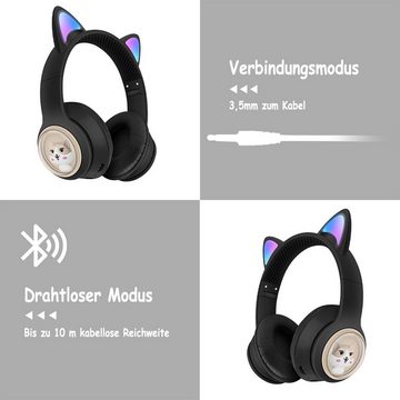KINSI Kinder-Kopfhörer, Katzenohren-Kopfhörer für Mädchen Kinder-Kopfhörer (Drahtloses Bluetooth, Farbige LEDs, eingebautes Mikrofon, FM, Kopfhörer)