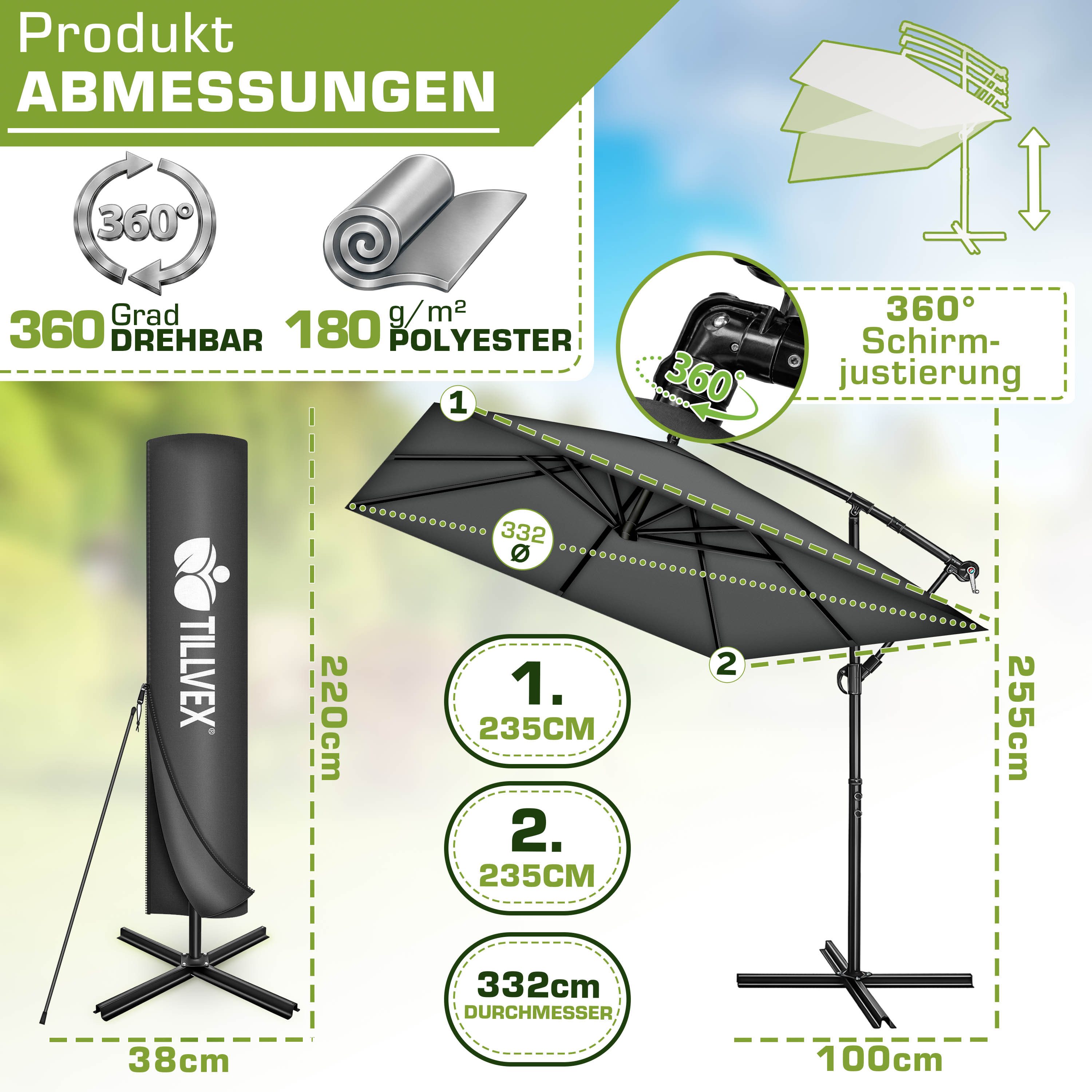 tillvex Sonnenschirm tillvex® Sonnenschirm eckig 235 x 235 cm Ampelschirm Gartenschirm, Kurbelschirm Marktschirm wasserdicht 360° drehbar, mit Kurbel & Windschu – Bild 2 von 5