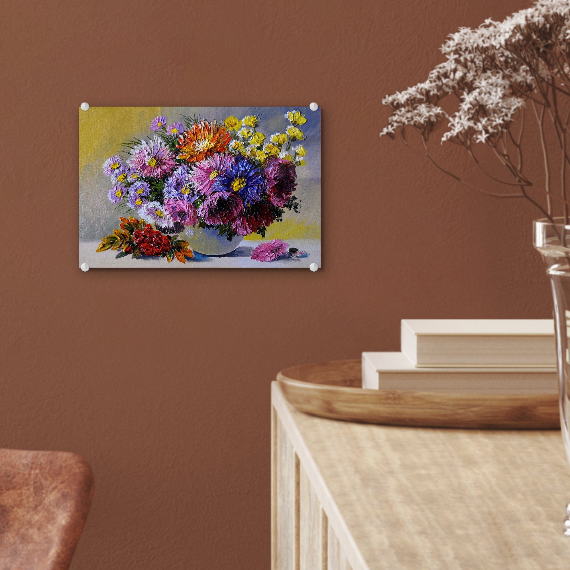 MuchoWow Acrylglasbild (1 auf St), - Wanddekoration - Wandbild auf - - Glas Stilleben, Bilder Blumen - Foto Ölfarbe Glasbilder Glas