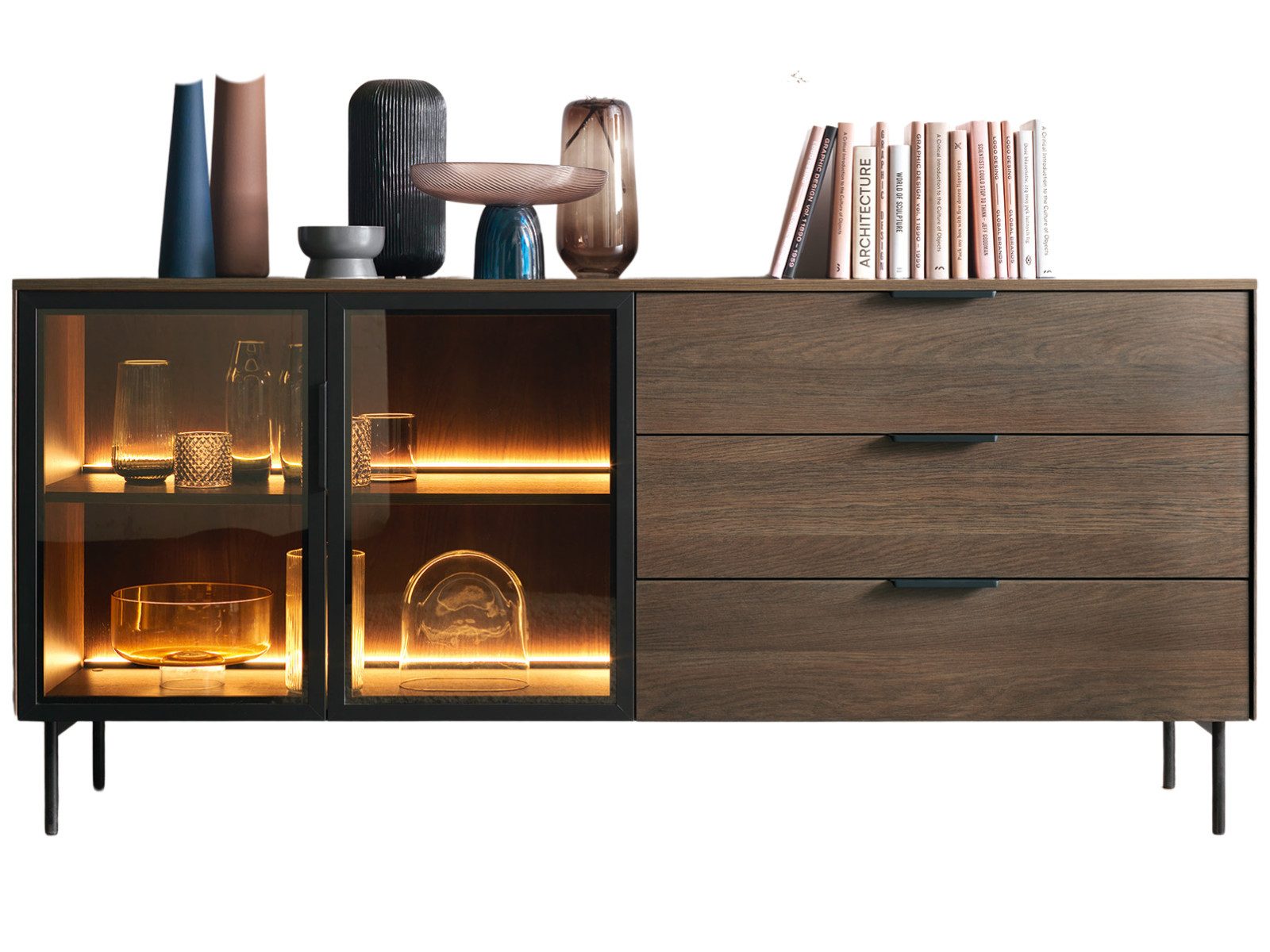 yourhouse24 Sideboard LUMI 2D3S mit LED & Schubladen – Eiche Dunin & Kaschmir Riffelglas