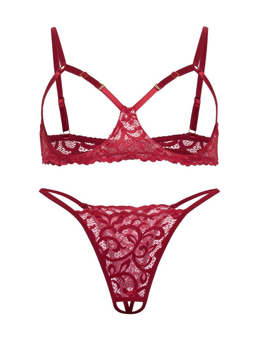 Elegant Love Set: Ouvert-BH Reizwäsche mit Cut-Outs – Sexy Spitzen-BH & passender String (Set, 2-tlg., mit Tanga) Dessous-Set mit offenem Schritt & Brust – Sinnliche Damenunterwäsche