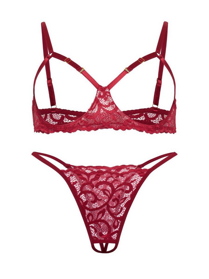 Elegant Love Set: Ouvert-BH Reizwäsche mit Cut-Outs – Sexy Spitzen-BH & passender String (Set, 2-tlg., mit Tanga) Dessous-Set mit offenem Schritt & Brust – Sinnliche Damenunterwäsche