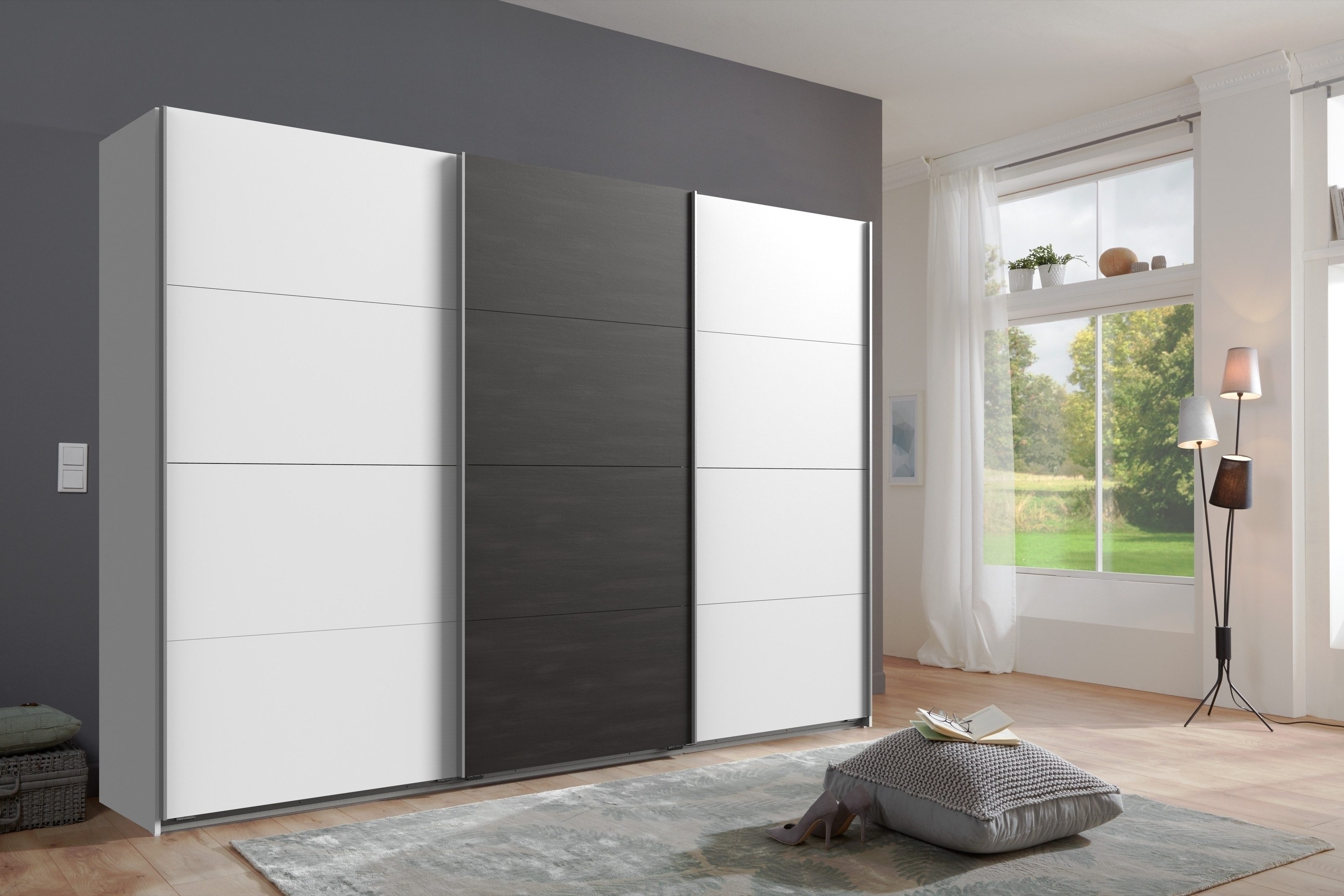 freiraum Schwebetürenschrank Minden in WEISS + RAW STEEL - 270x208x65cm (BxHxT)