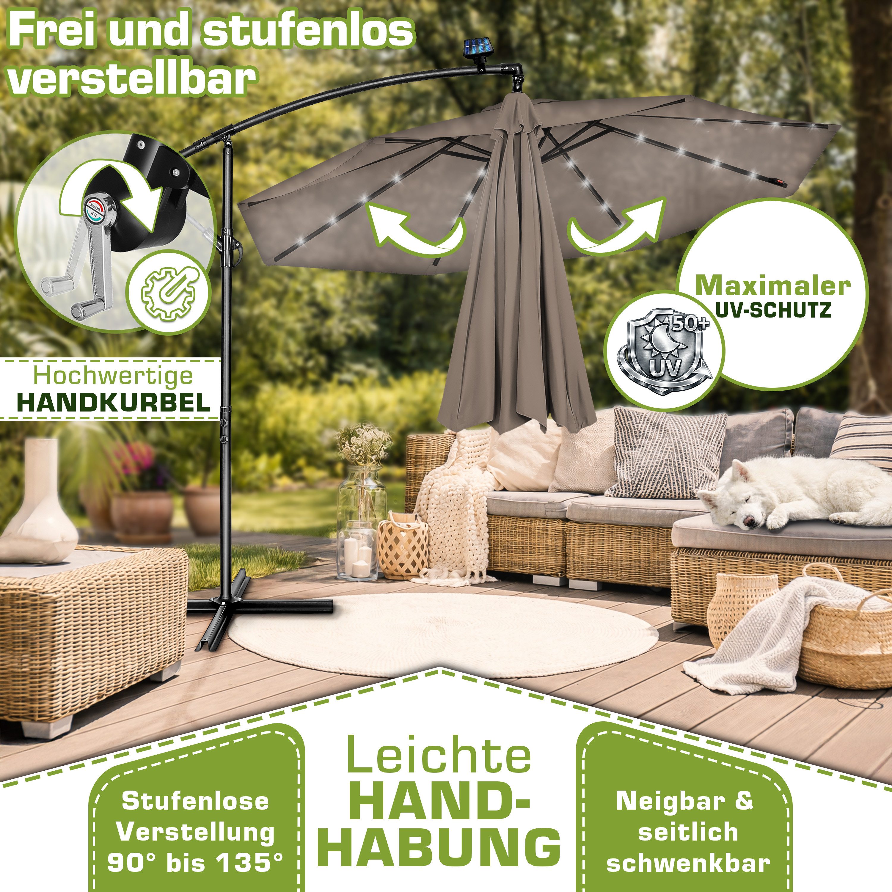 tillvex Sonnenschirm tillvex® Sonnenschirm LED Solar Ø 3m Ampelschirm Balkon Gartenschirm, Alu Ampelschirm + Abdeckung LED Solar Ø 350 cm mit Kurbel, Abdeckung + Ständer, Gartenschirm UV-Schutz Aluminium, Kurbelschirm Marktschirm wasserdicht 360° drehbar
