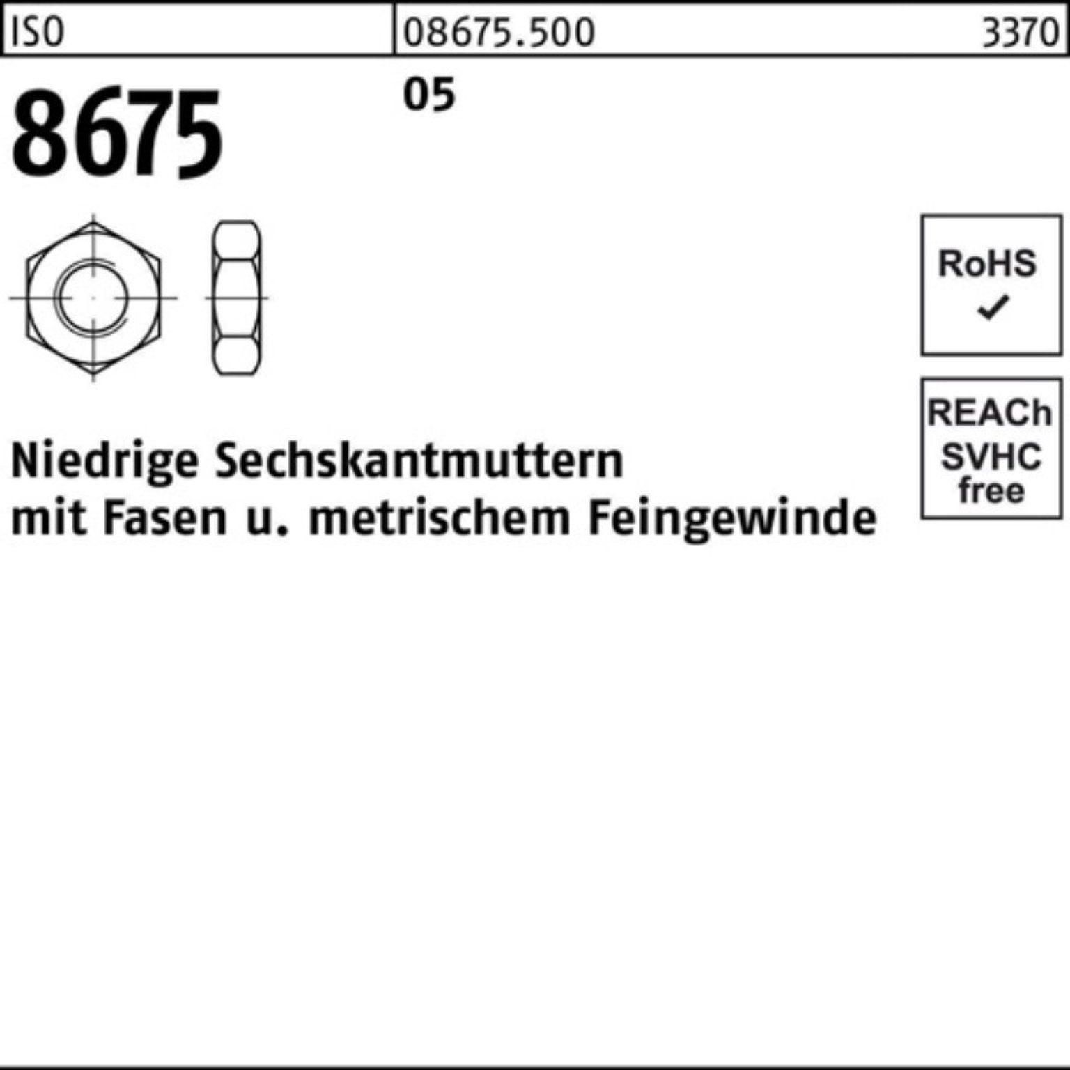 Reyher Muttern 100er Pack Sechskantmutter 8 8675 5 ISO ISO 1,25 M10x Stück 100 Fasen