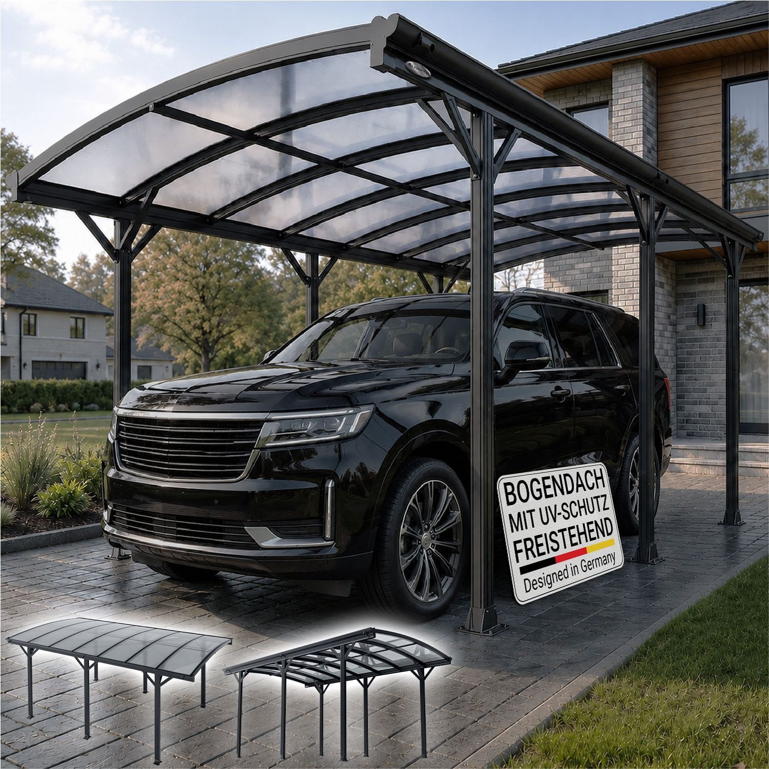 Juskys Einzelcarport Unterstand mit gebogenem Dach 5 x 3 m, BxT: 302x505 cm, 226 cm Einfahrtshöhe, Bogendach mit UV Schutz, hohe Wind und Schneelast