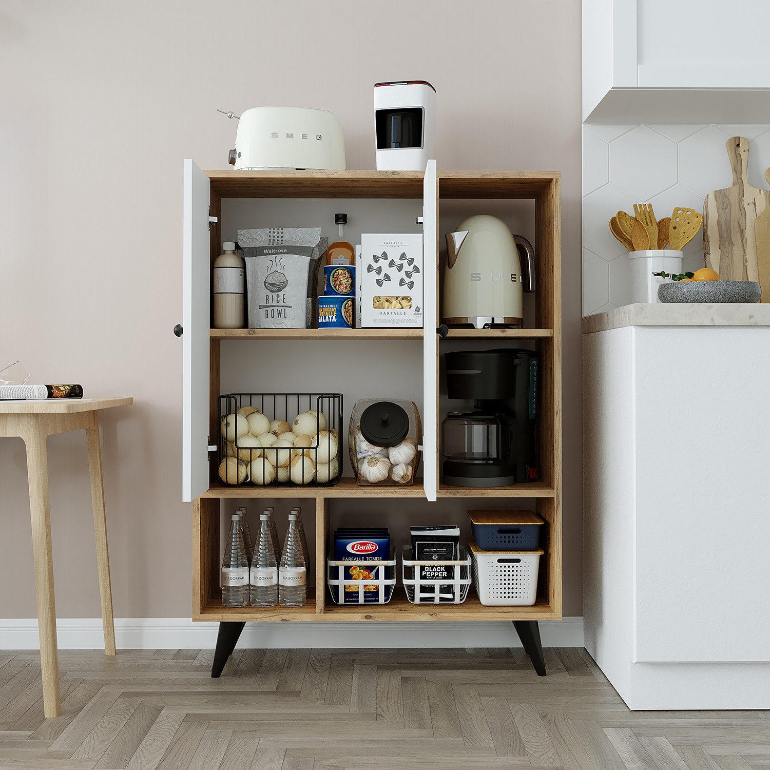 Roomart Highboard SIMON 90 cm, Skandi-Design, Metallfüße, 4 offene Fächer, Weiß-Eiche (Wohnzimmerschrank, Kommode, Aufbewahrungsschrank, Küchenschrank, Mehrzweckschrank mit Türen und Regalen, 1 St., für Flur, Wohnzimmer, Schlafzimmer, Esszimmer), Schwarze Metallfüße, 4 offene Fächer, 2 Türen, 35 cm tief