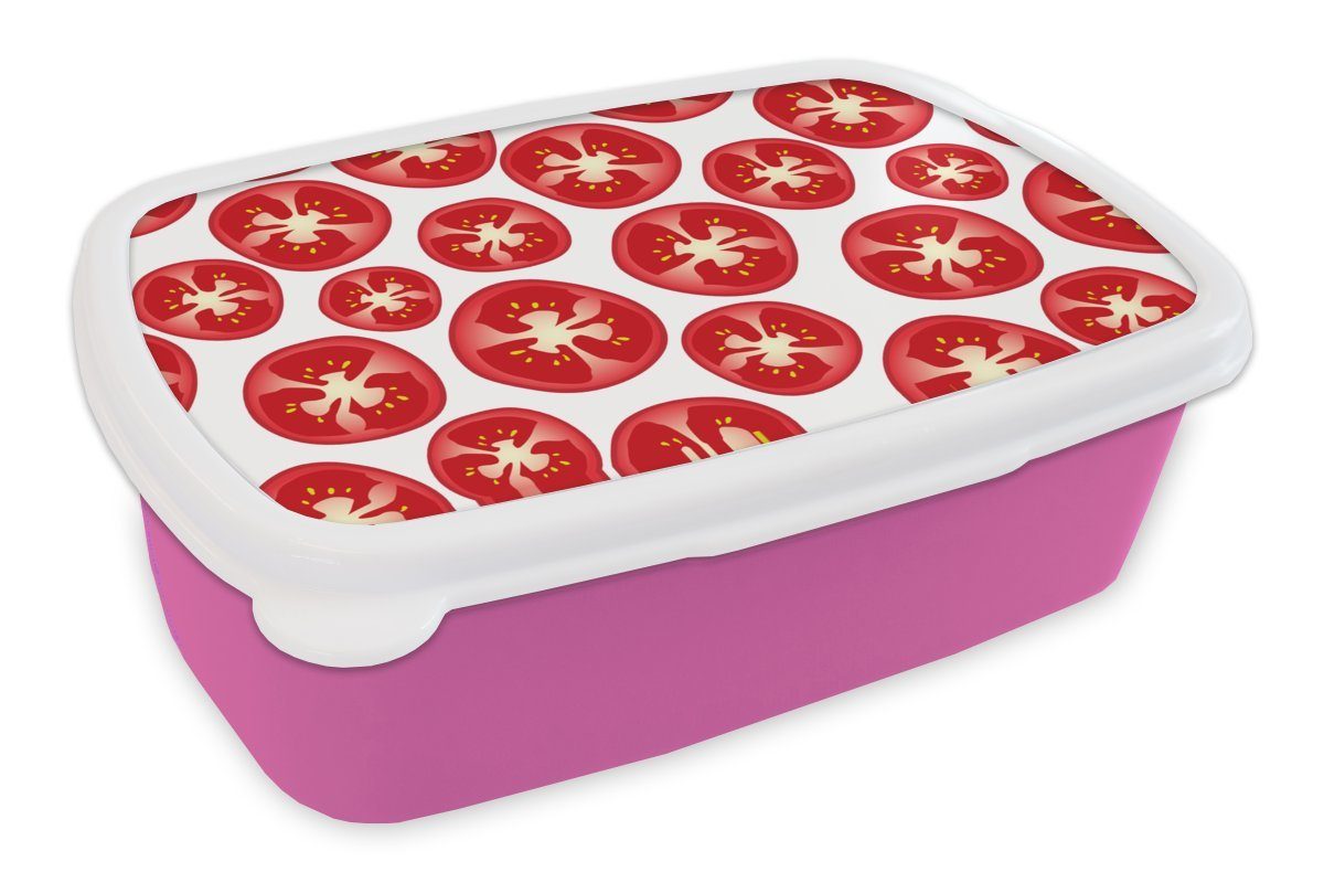 MuchoWow Lunchbox Tomate - Muster - Obst - Gemüse, Kunststoff, (2-tlg), Brotbox für Erwachsene, Brotdose Kinder, Snackbox, Mädchen, Kunststoff rosa